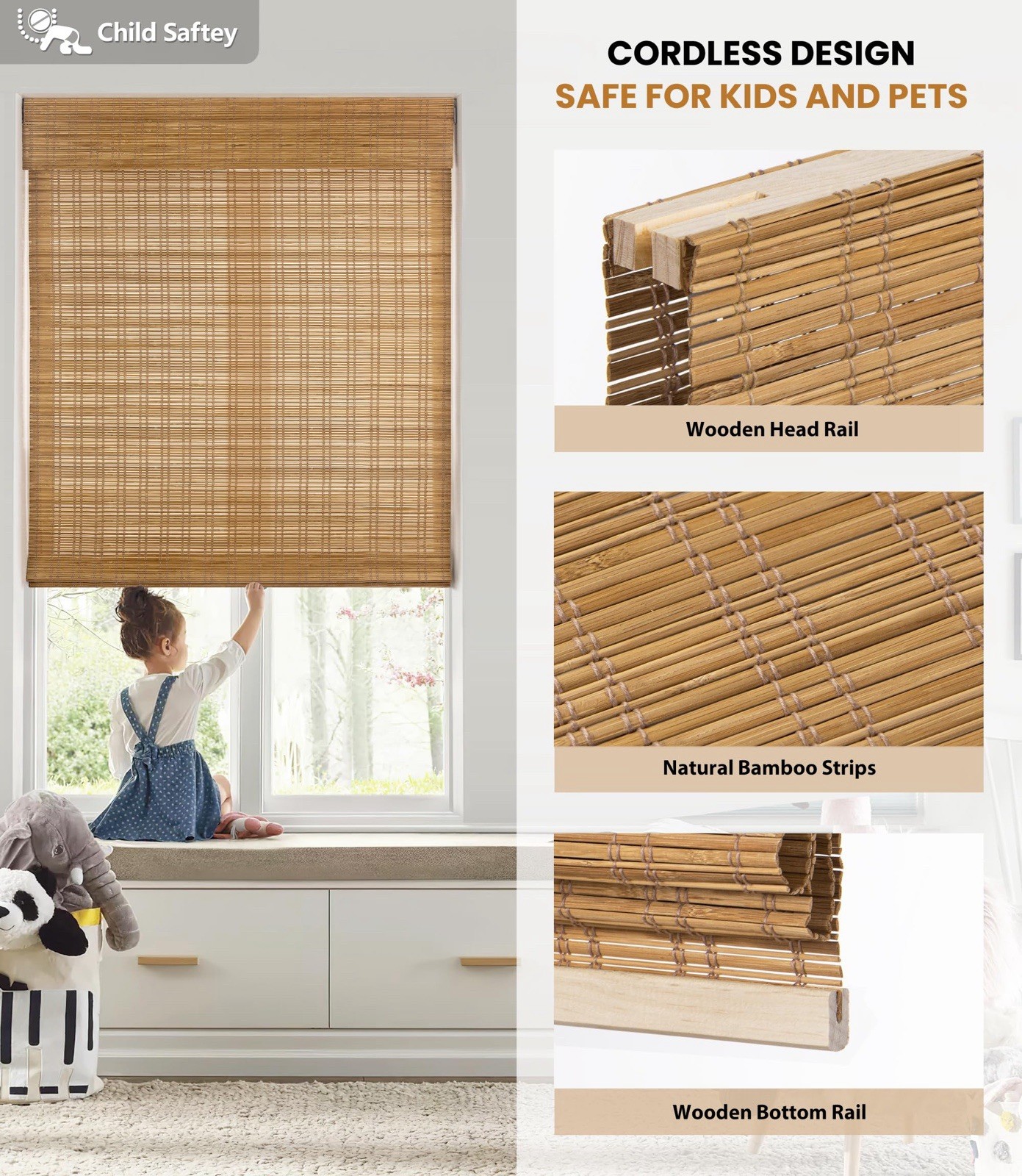 LazBlinds Cordless Bamboo Blinds, Bamboo Roll Up Shades 22”x64” Tuscan B