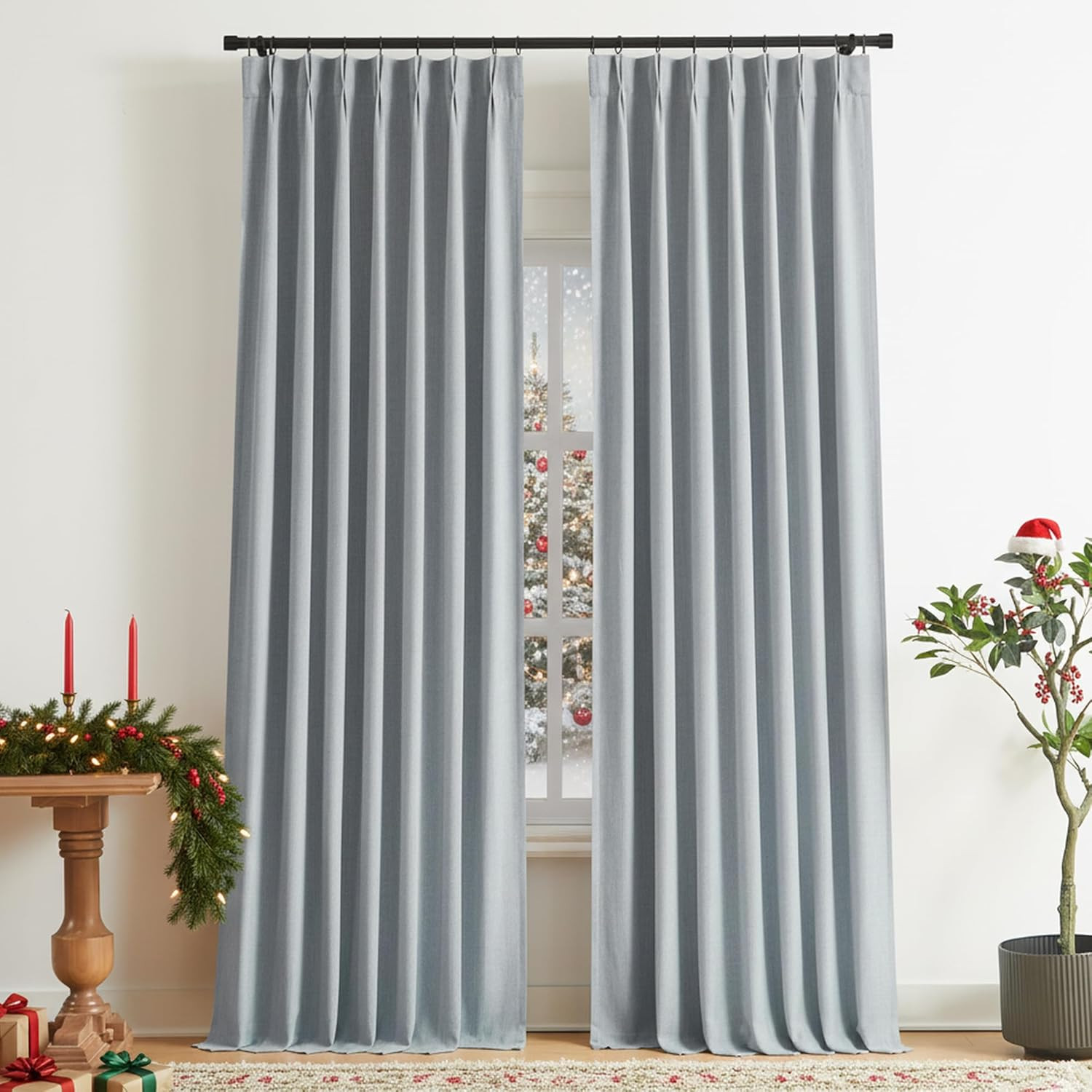 Blue Gray Pinch Pleated Full Blackout Curtains Linen Blended Room Darkening Wind