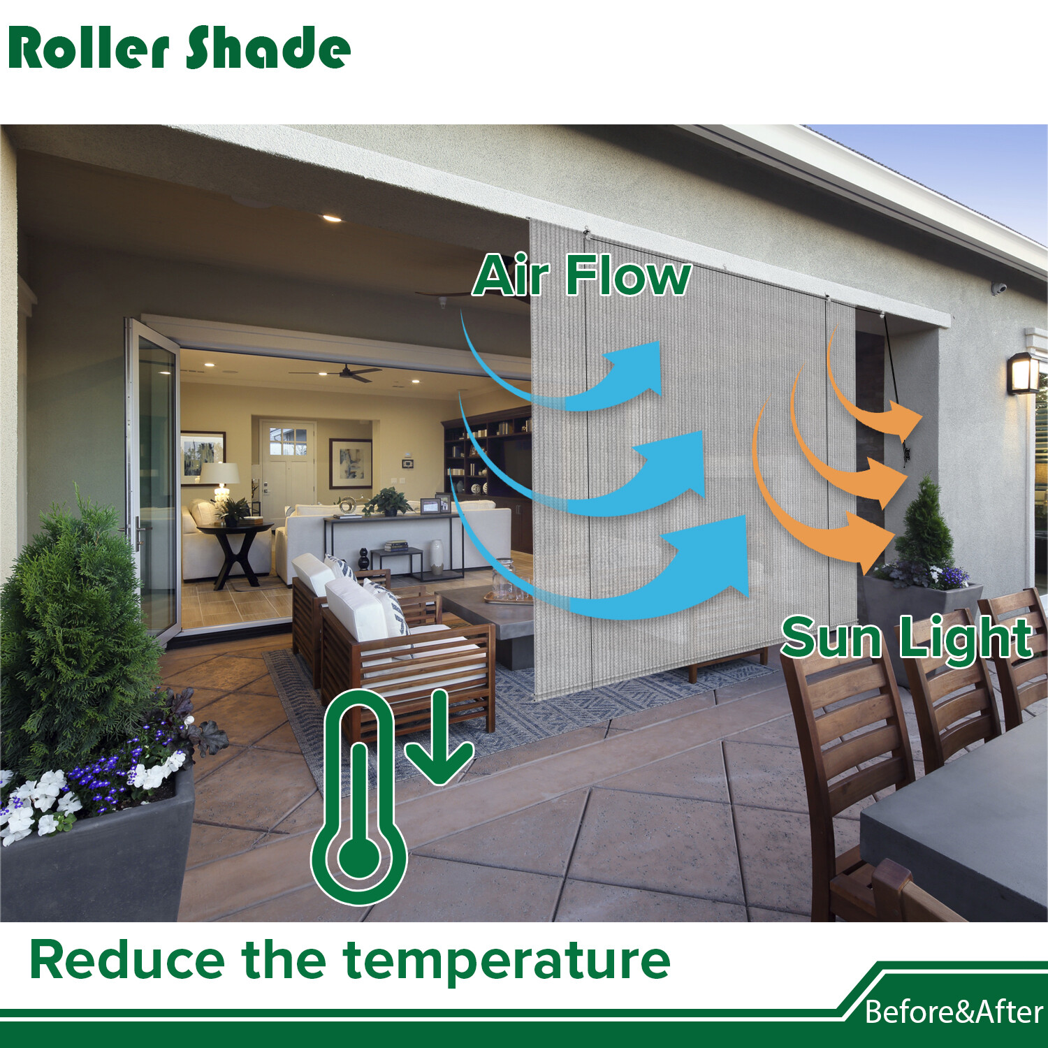 Roller up Shade Roller Shade Curtain Filtering UV Ray Yard Porch Pergola Balcony