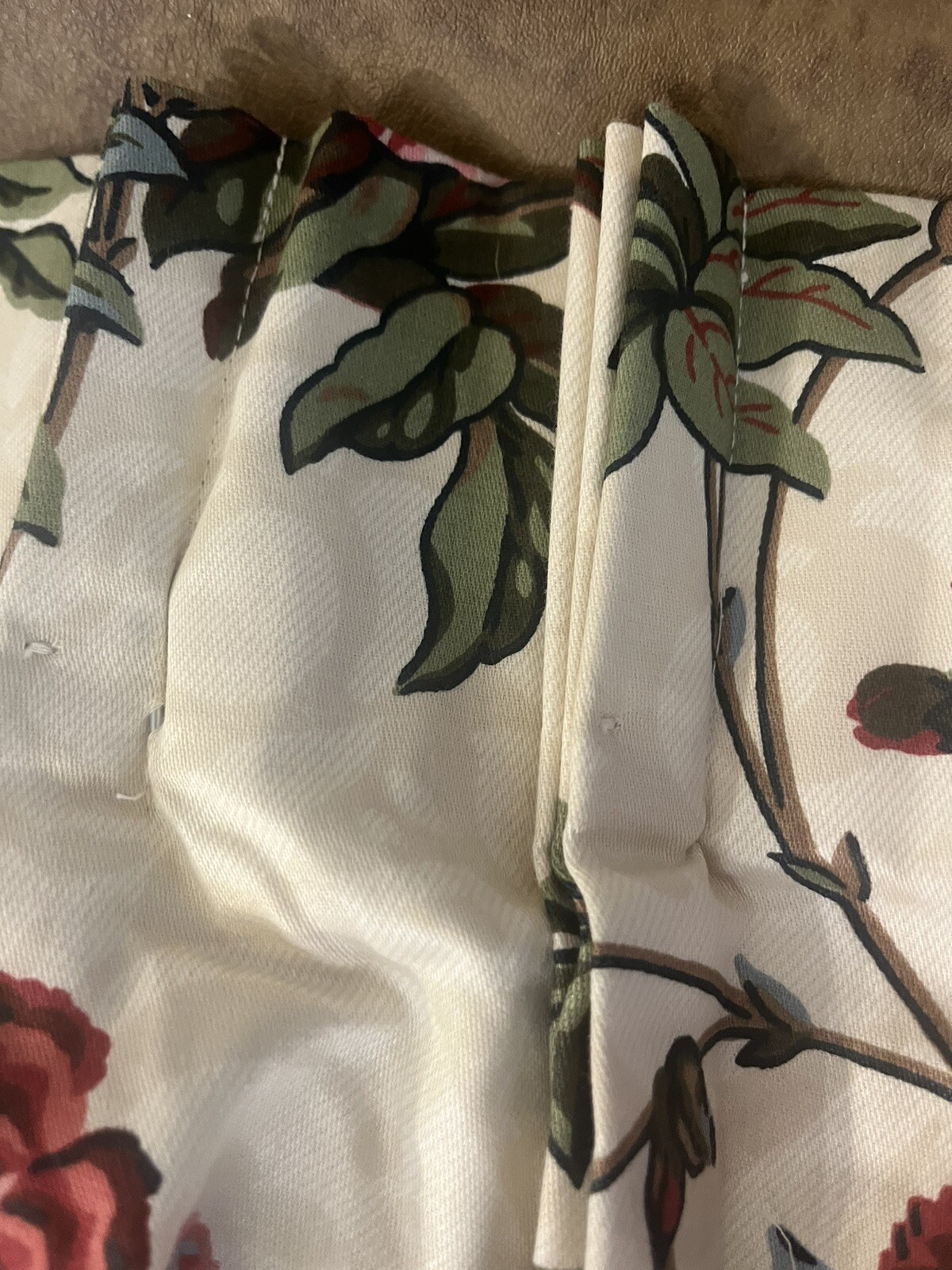 CUSTOM FLORAL WINDOW TREATMENT DESIGNER CHINTZ PANELS LINED TRIM CREAM 2