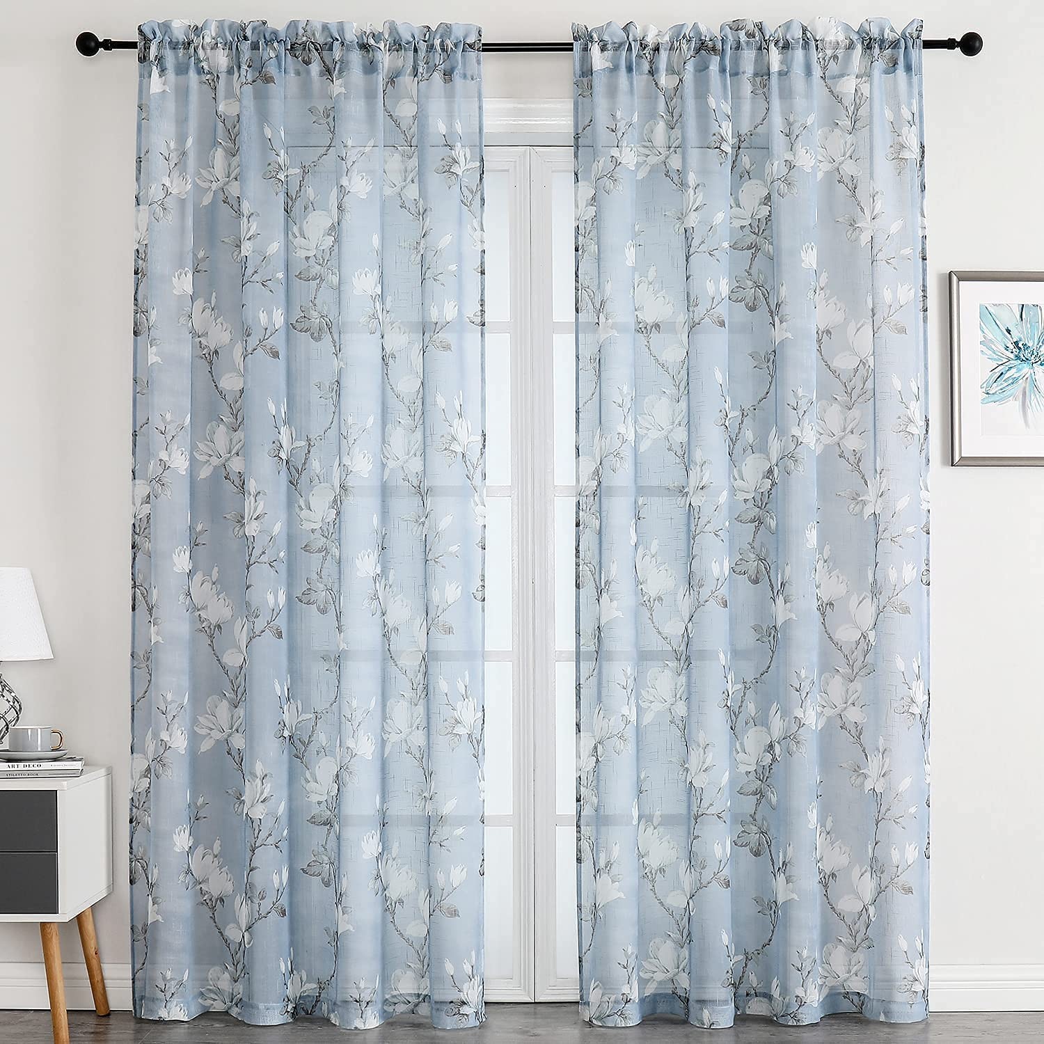 Blue Floral Semi Sheer Curtains 63 Inch 2 Panels