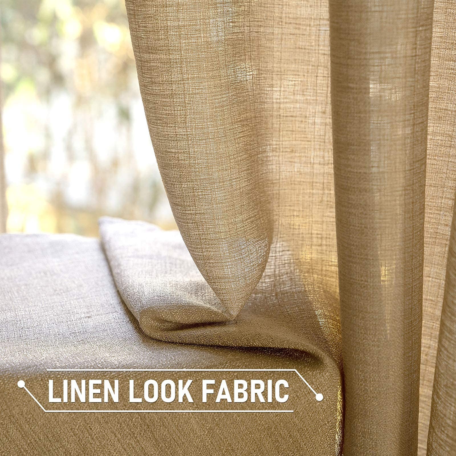 Tan Brown Faux Linen Textured Semi Sheer Curtains 2 Panels Set for Bedroom Li…