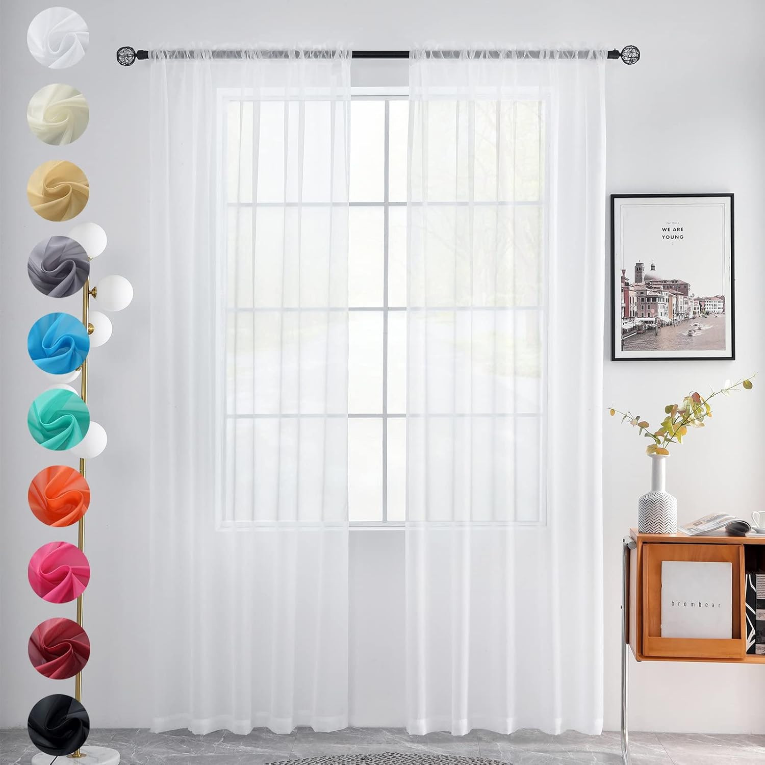 Solid Sheer Rod Pocket Curtain Voile Draperies 2 Panels White Beige Black Grey C