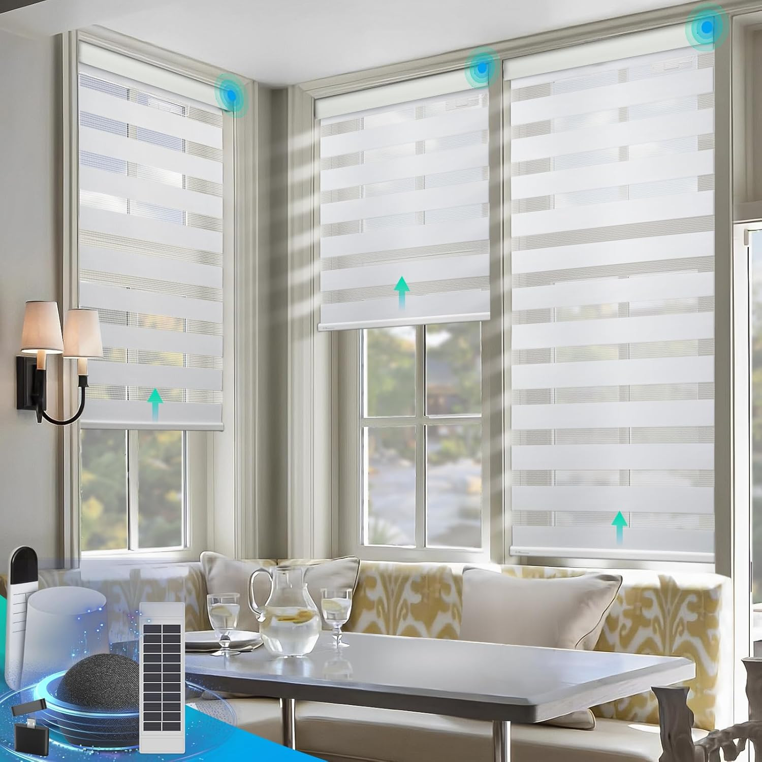 Solar-Powered Motorized Zebra Blinds with Remote Control – 34¼ x 72 White