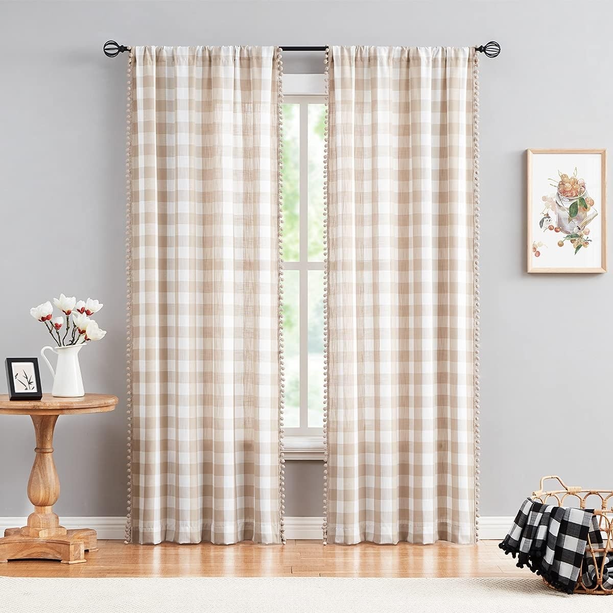 Buffalo Check Curtains 84inch 40″W x 84″L (Pack of 2) Taupe and White