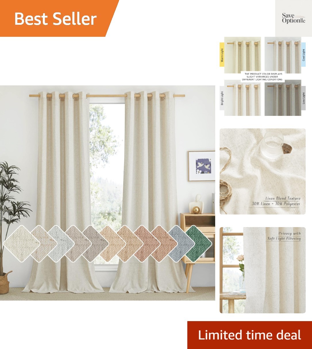 Natural Linen Curtains 84 inch Long 2 Panels Set, Grommet Top Thick Linen Bur…