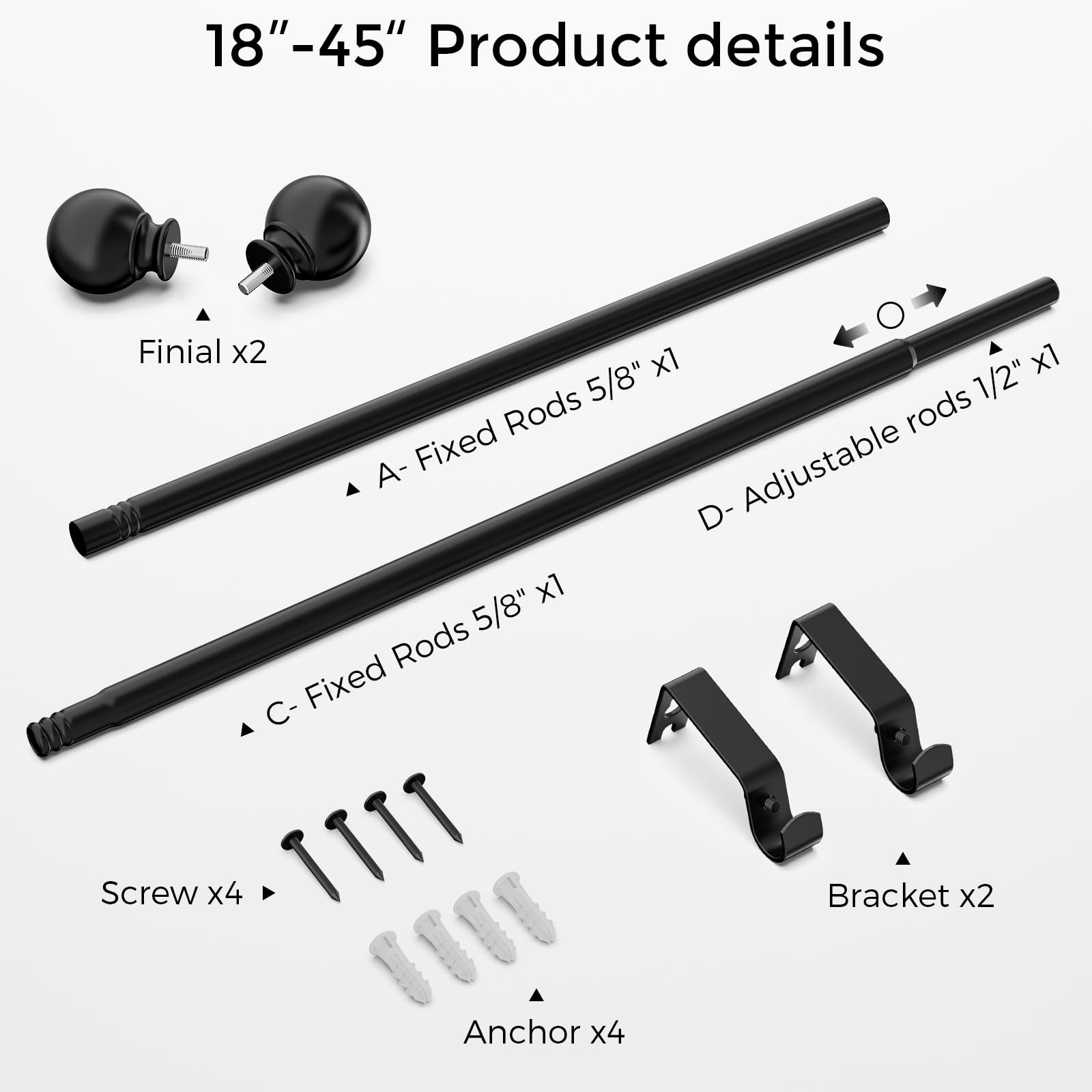 Curtain Rod for Windows 18-45 Inch, Black 5/8 Inch Small Window Treatment Rod…