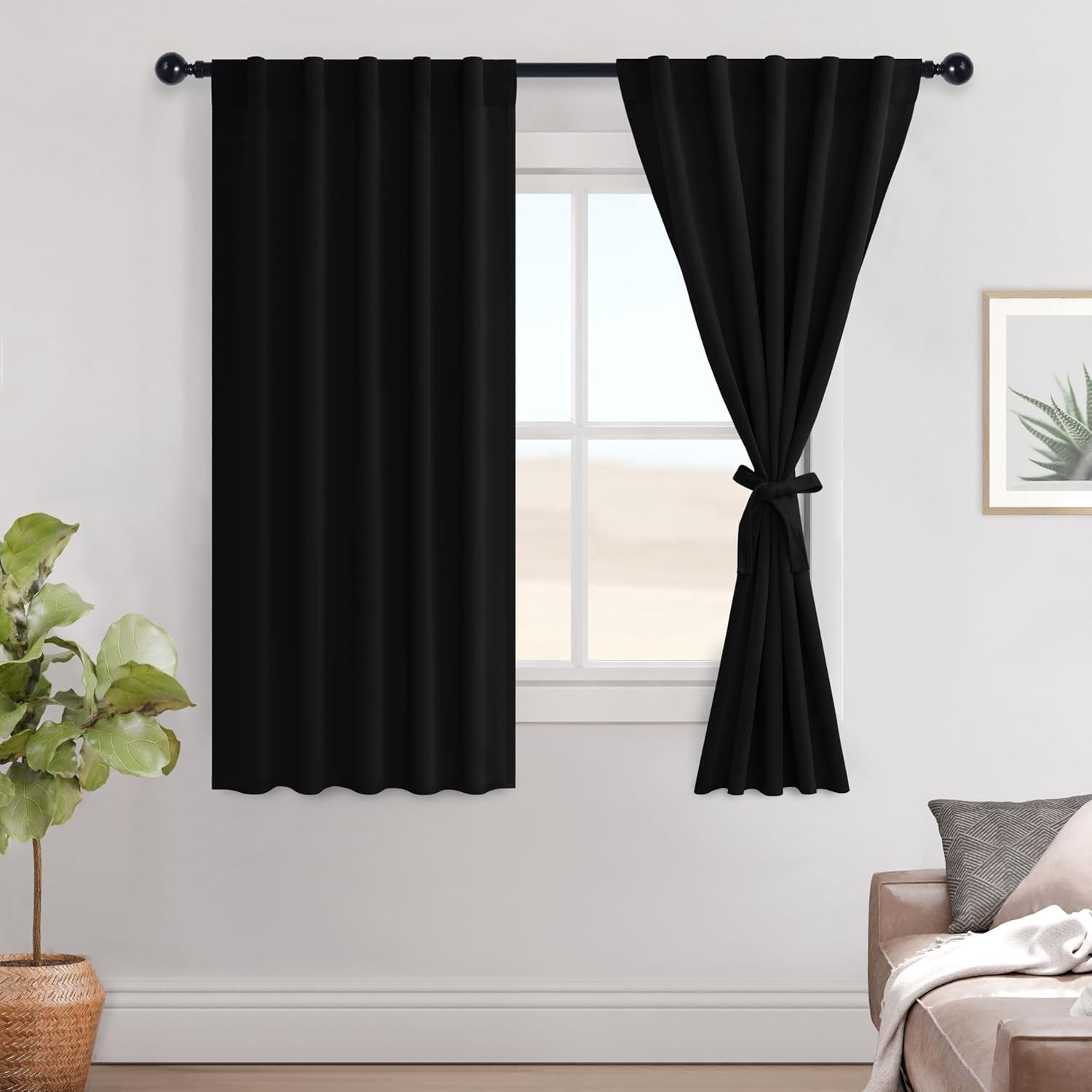 Black Out Curtains 63 Inch Long Sewn with Tiebacks Rod Pocket & Back Tab