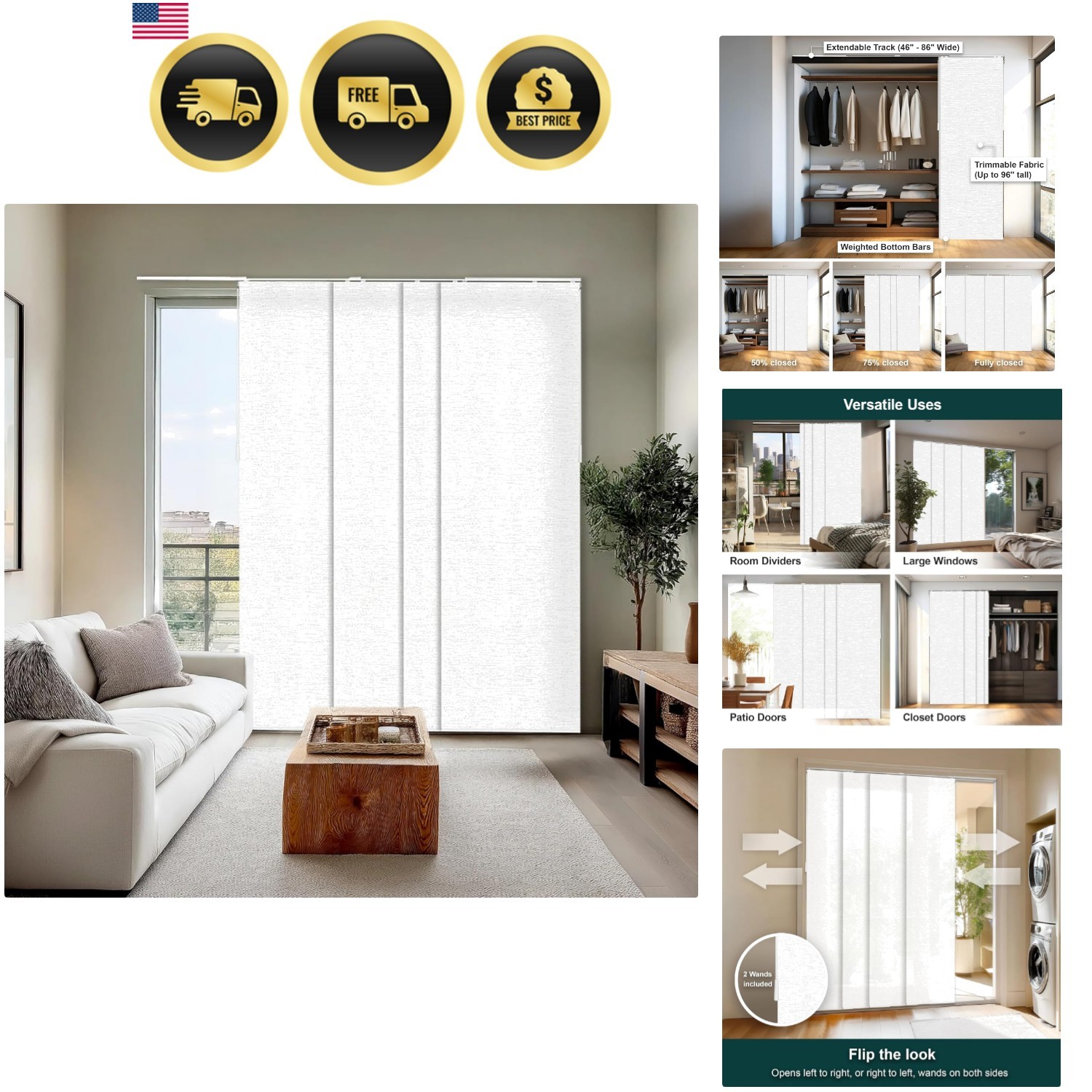 Panel Track Blinds for Sliding Glass Doors, 4 Panel Sliding Panels, Adjustabl…