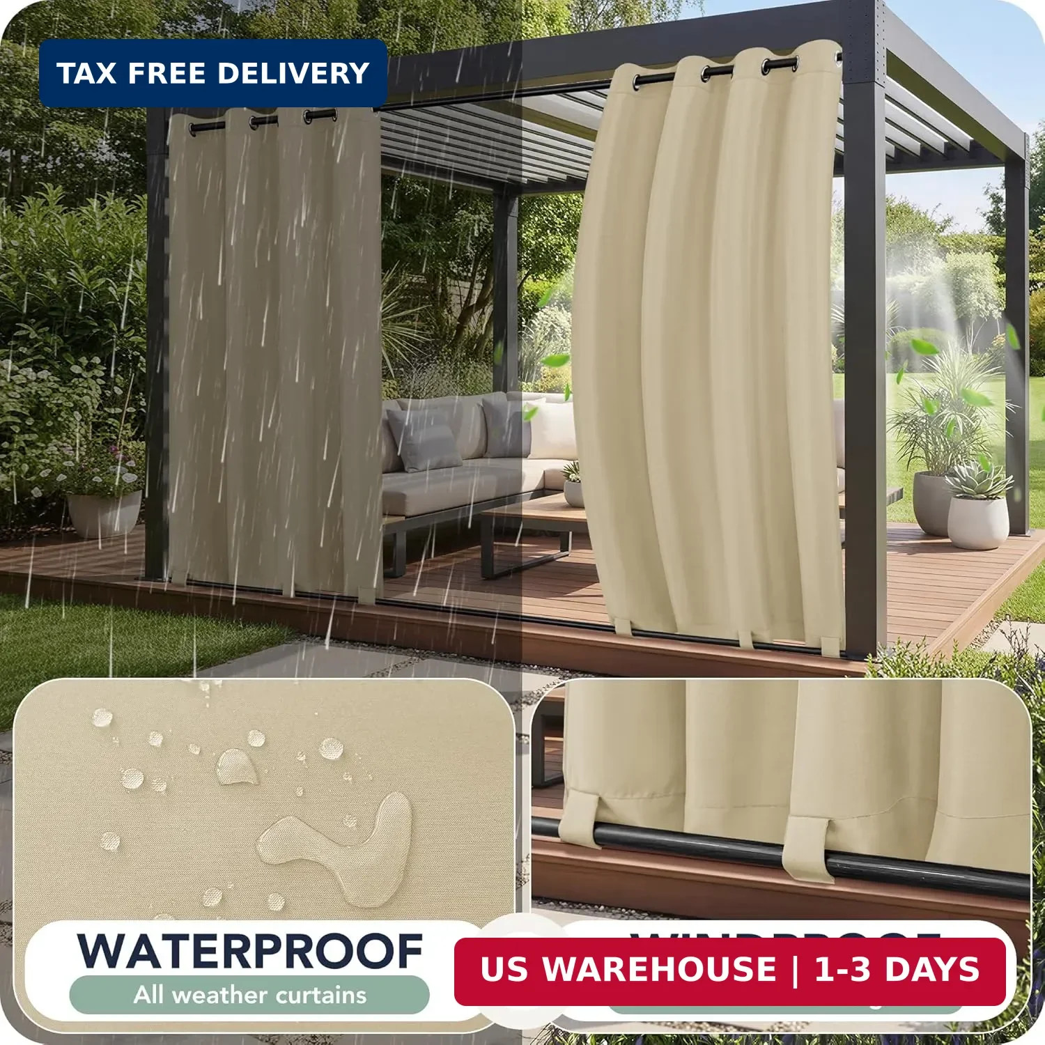 Outdoor Curtains for Patio Waterproof 6 Panels Gazebo Pergola Porch Cream 54×84