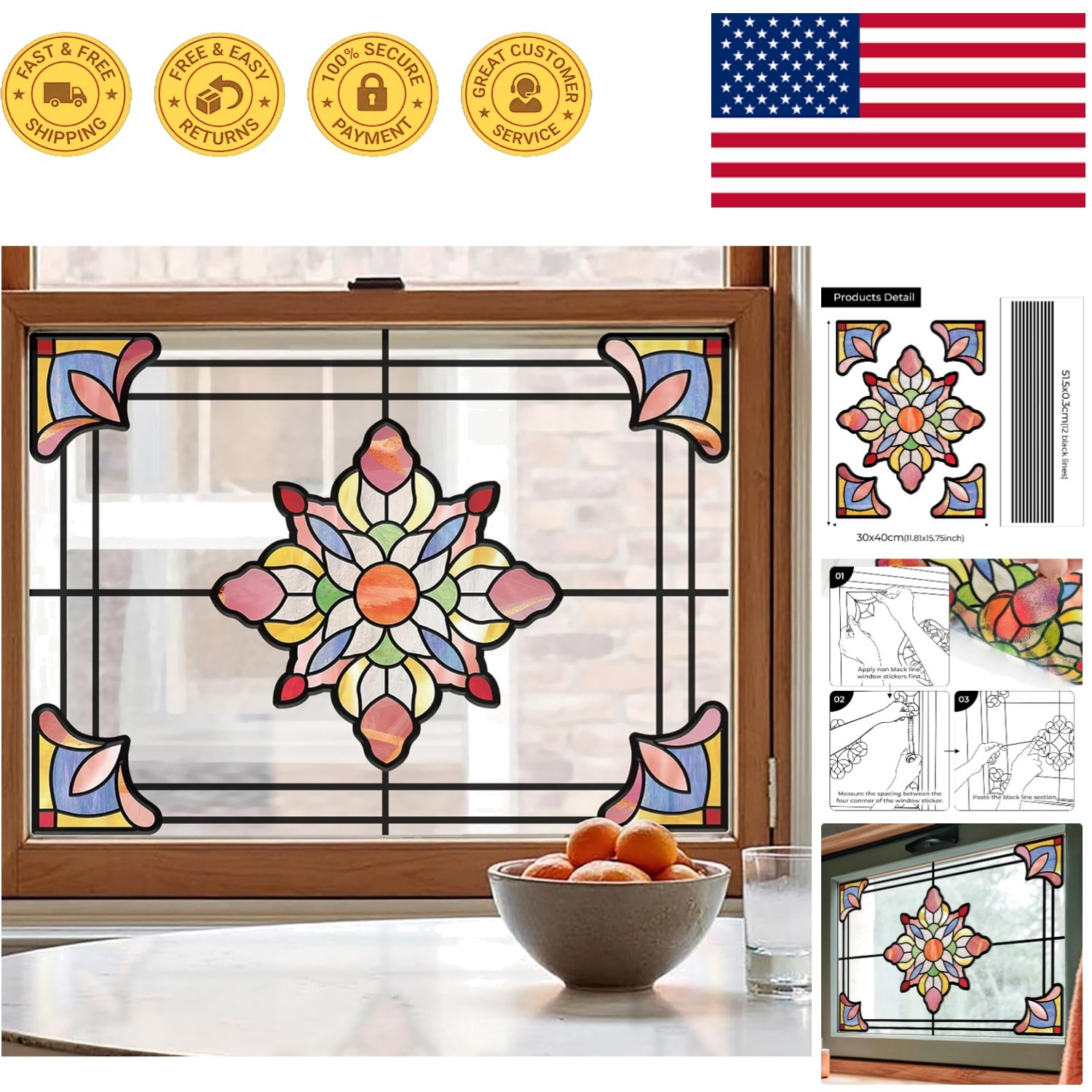 Static Cling Stained Glass Window Film – Enhance Privacy & Style 11.81″ x 15.75″