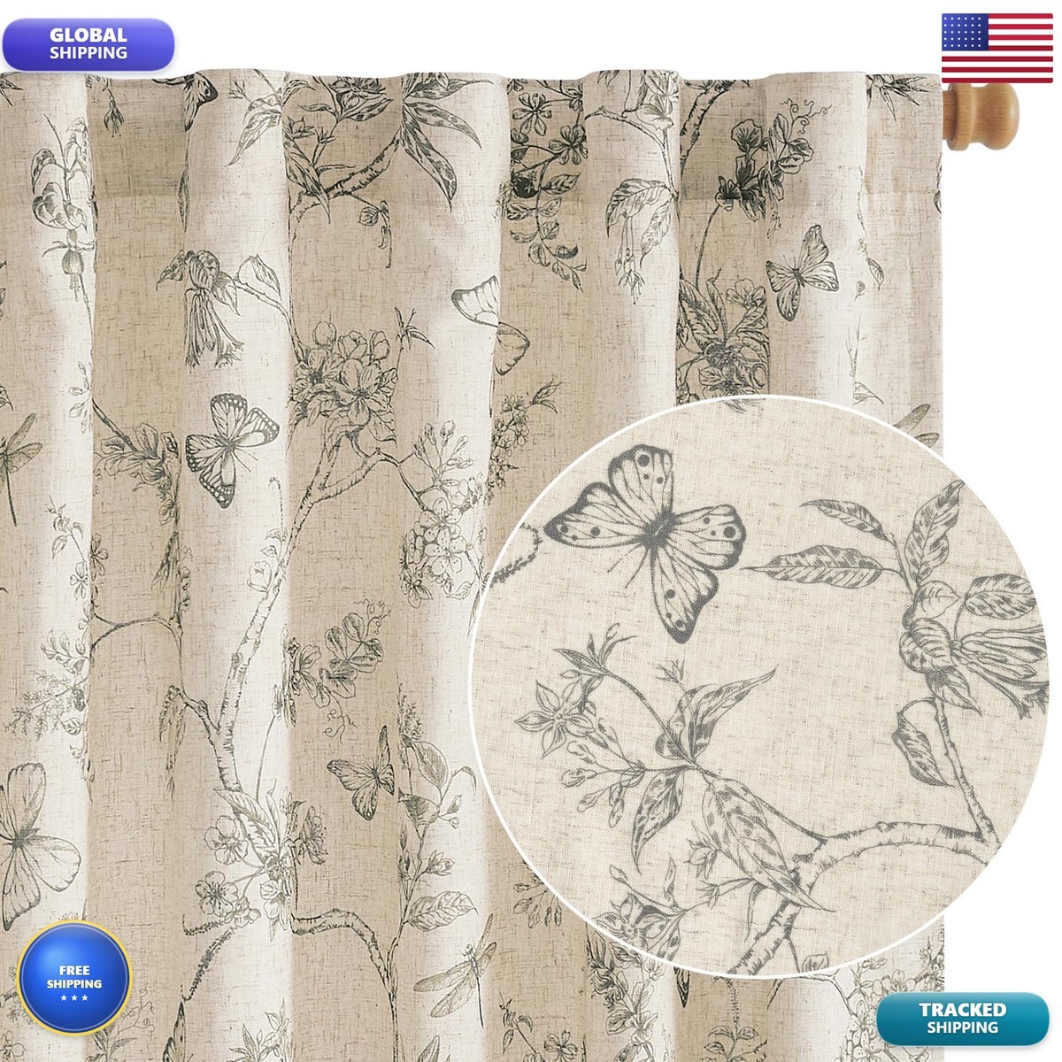Lazzzy Charlotte Farmhouse Gray Floral Curtains 96 Inch 2 Panels Grey on Beige