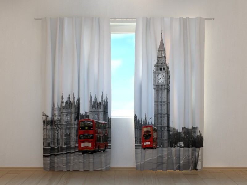 3D Curtain Printed Just London in Black and White Red Bus image Made to Measure