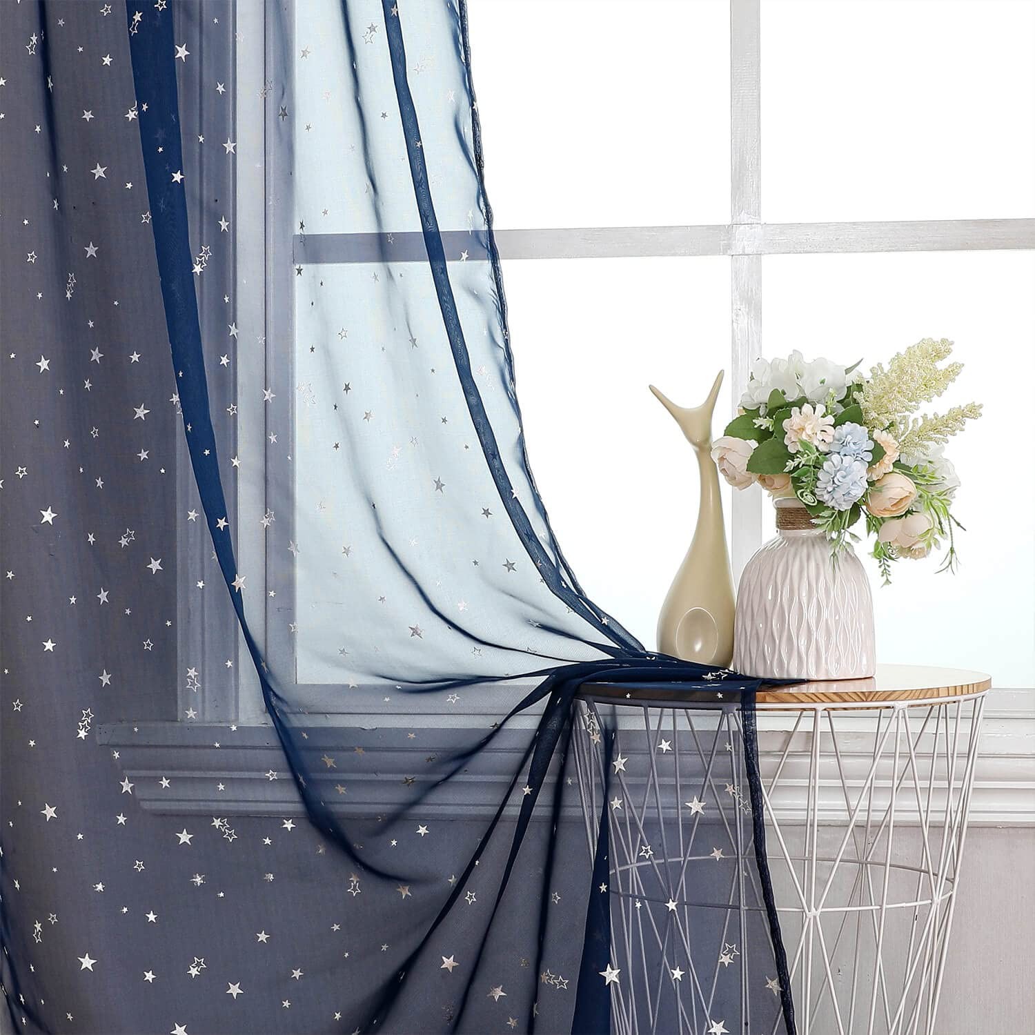 Star Sheer Curtains for Room Set of 2 Panels 63 Inch Length, Blue Starry Moon…