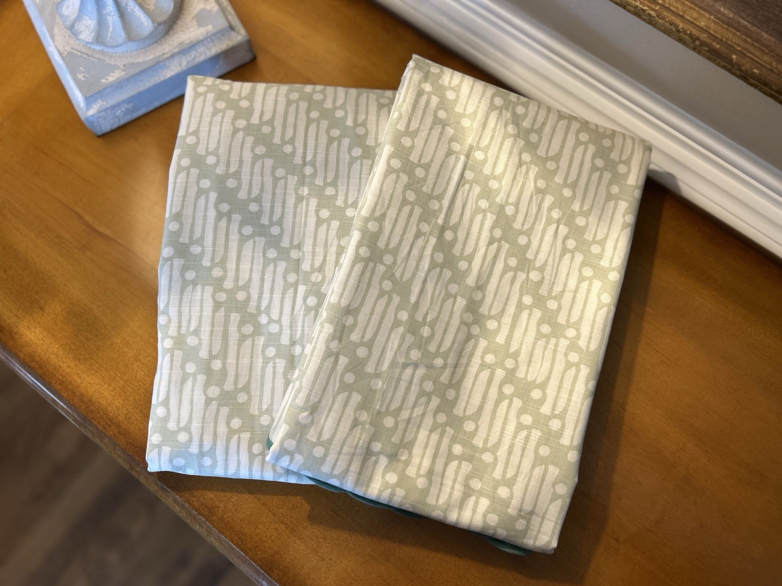 West Elm Batik Scallop Edge Unlined Curtains (2) 48”x108” Fog Green READ