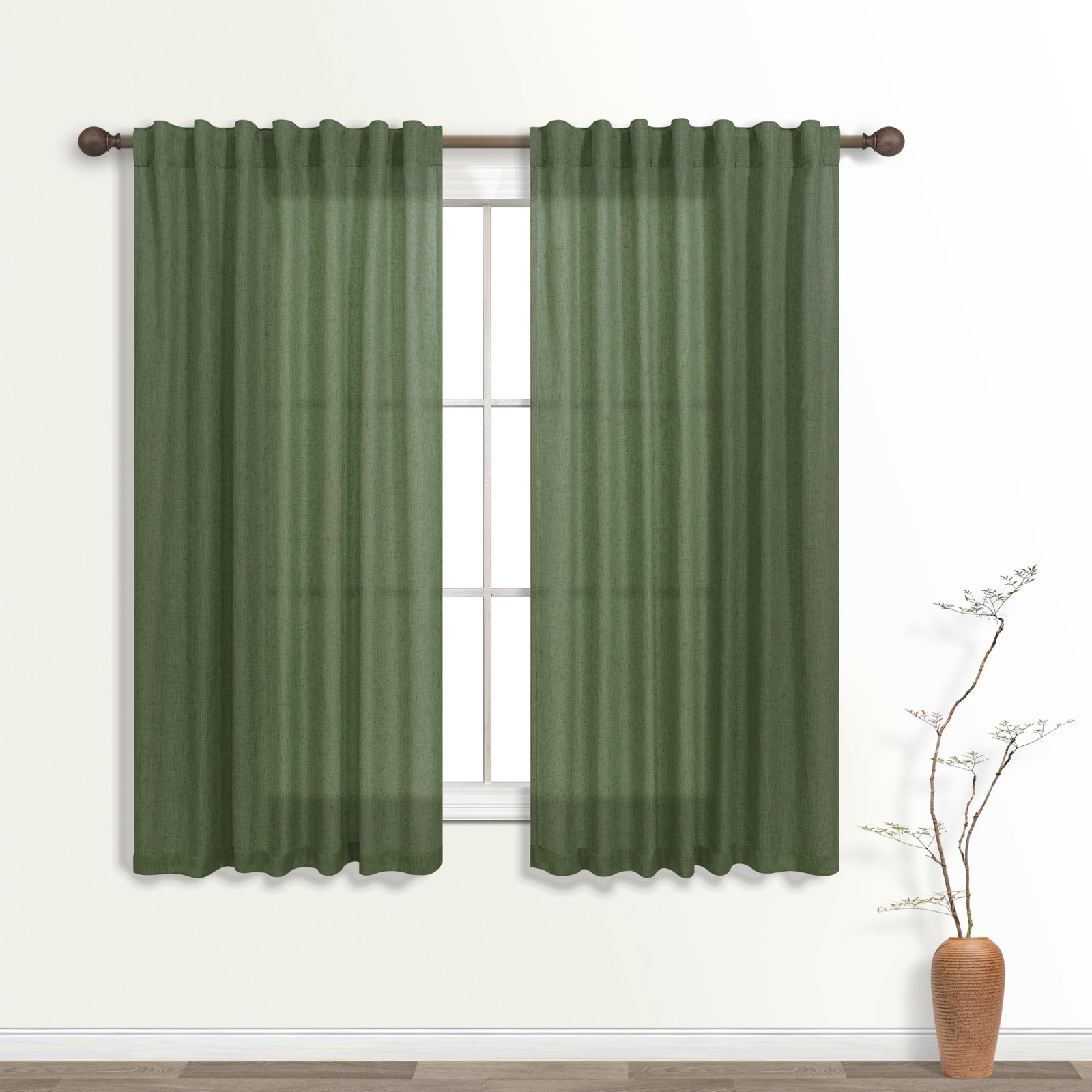 Olive Green 45Inch Short Curtains Back Tab Rod Pocket Kitchen Set, 2 Panels