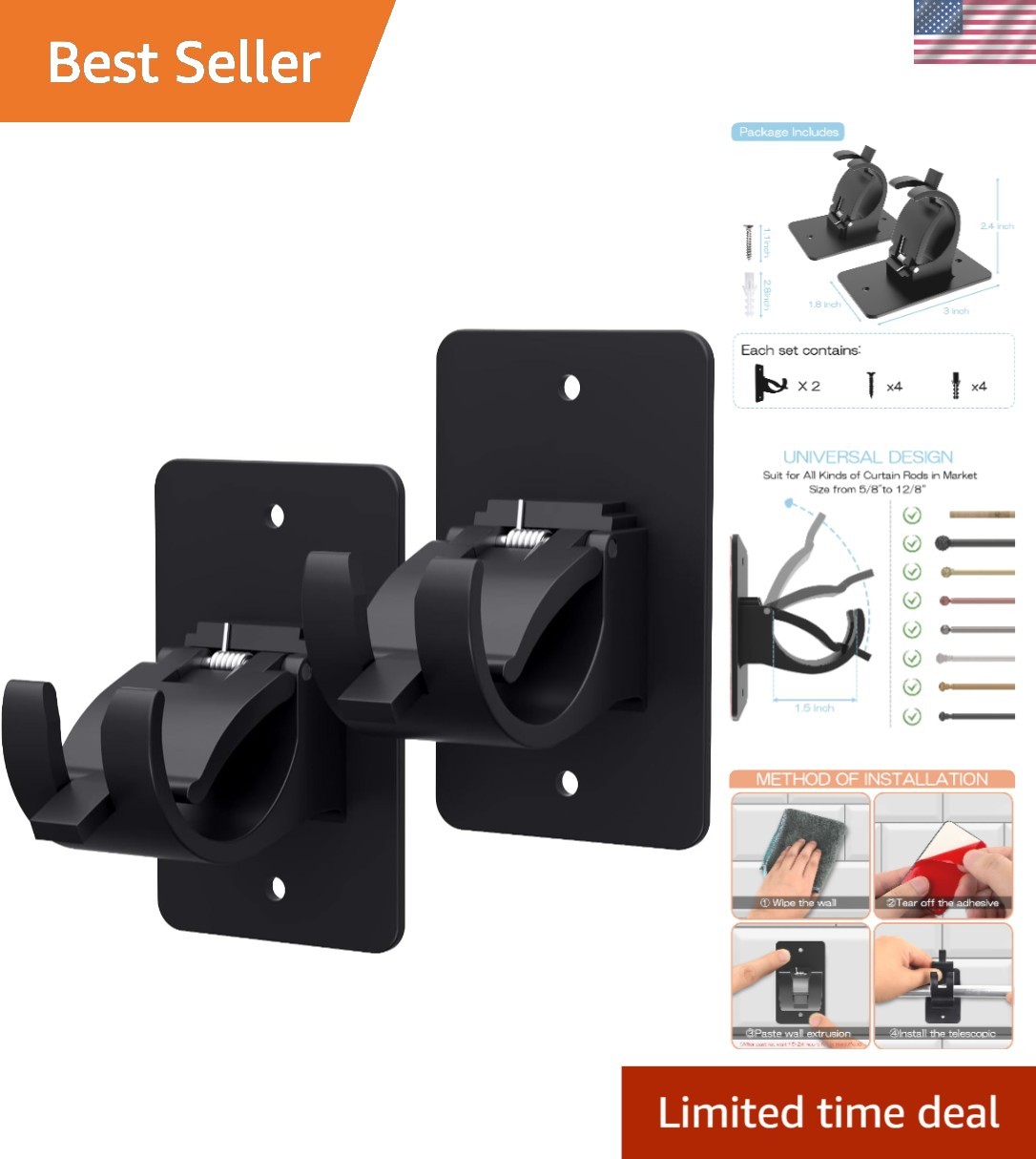2-Pack Self-Adhesive Curtain Rod Hooks – Durable and Stylish Black Finish