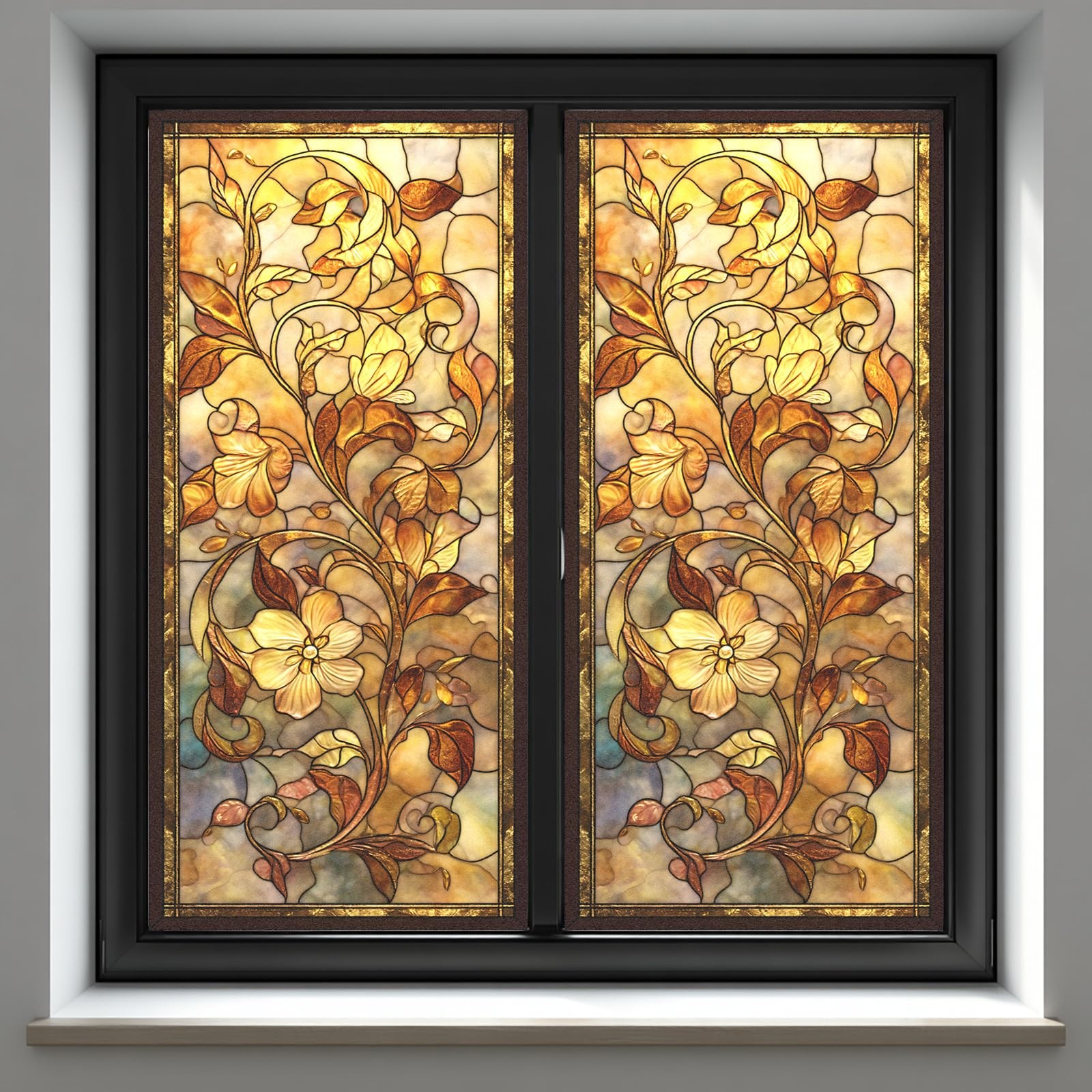 Frosted Window Privacy Film, Stained Glass Floral Window Cling, No Glue Stati…