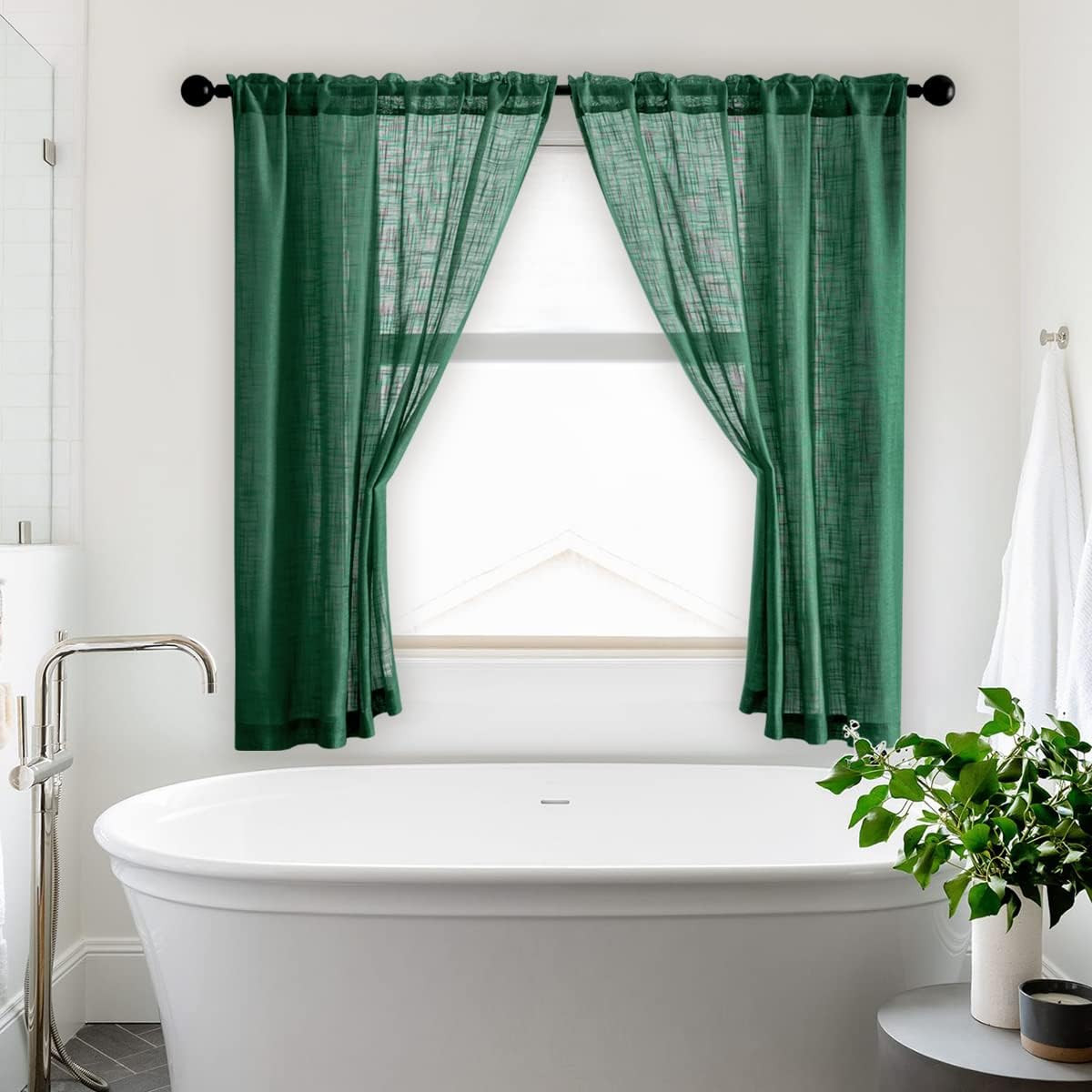 Bathroom Window Curtains, Airy Semi 36″W x 48″L (Pack of 2) Emerald Green