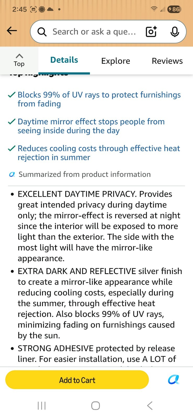 BDF S05 Window film Daytime Privacy and Heat Control Mirror Silver 5 (very dark)