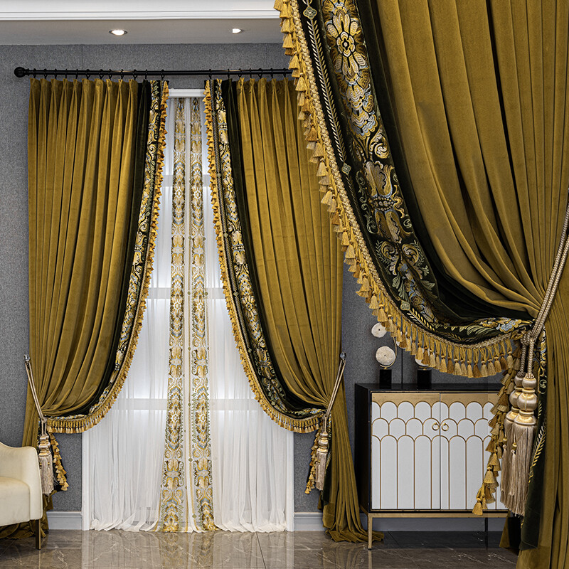 American thick gold velvet embroidery luxury cloth curtain tulle drape C1468