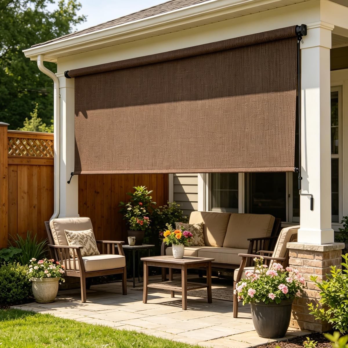 Outdoor Roller Shade 6’W x 8’H Cordless Patio Roll Up Blinds W/ Crank Wand