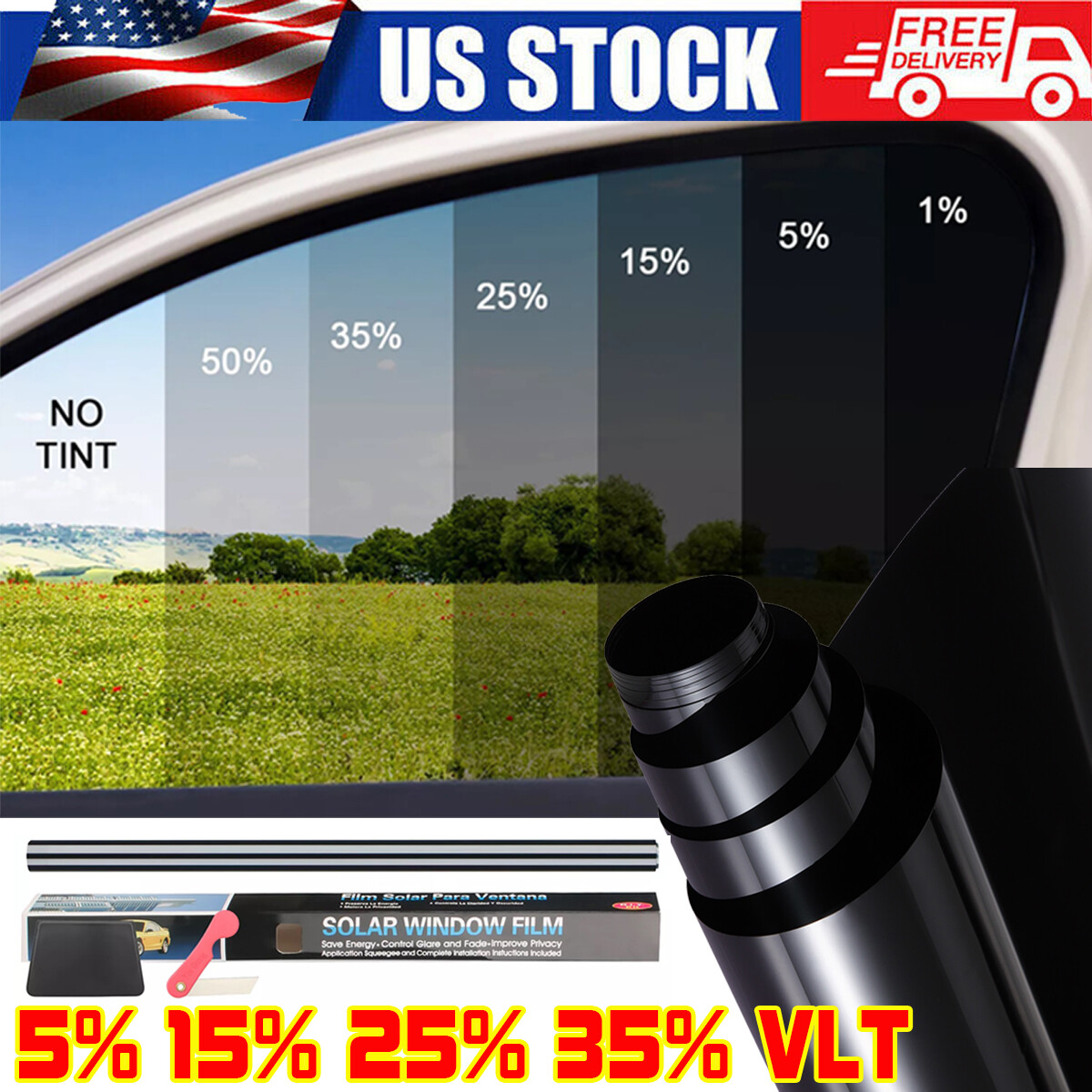 5%/15%/25%/35% VLT Uncut Window Roll Tint Film 20″ x 20ft / 10ft Car Home Office