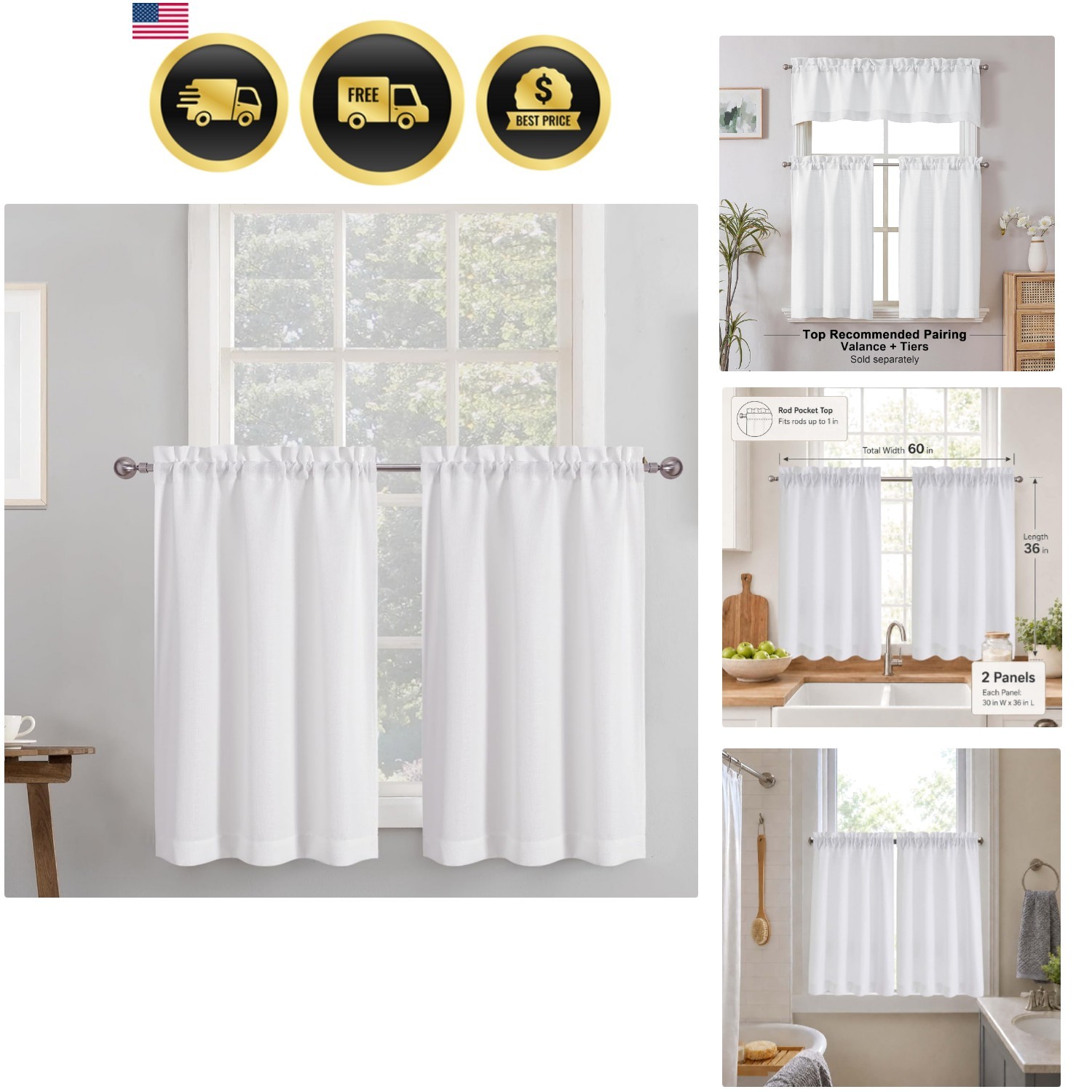 2 Panels White Kitchen Curtains 36 Inch Length Tier Curtain, Faux Linen Textu…