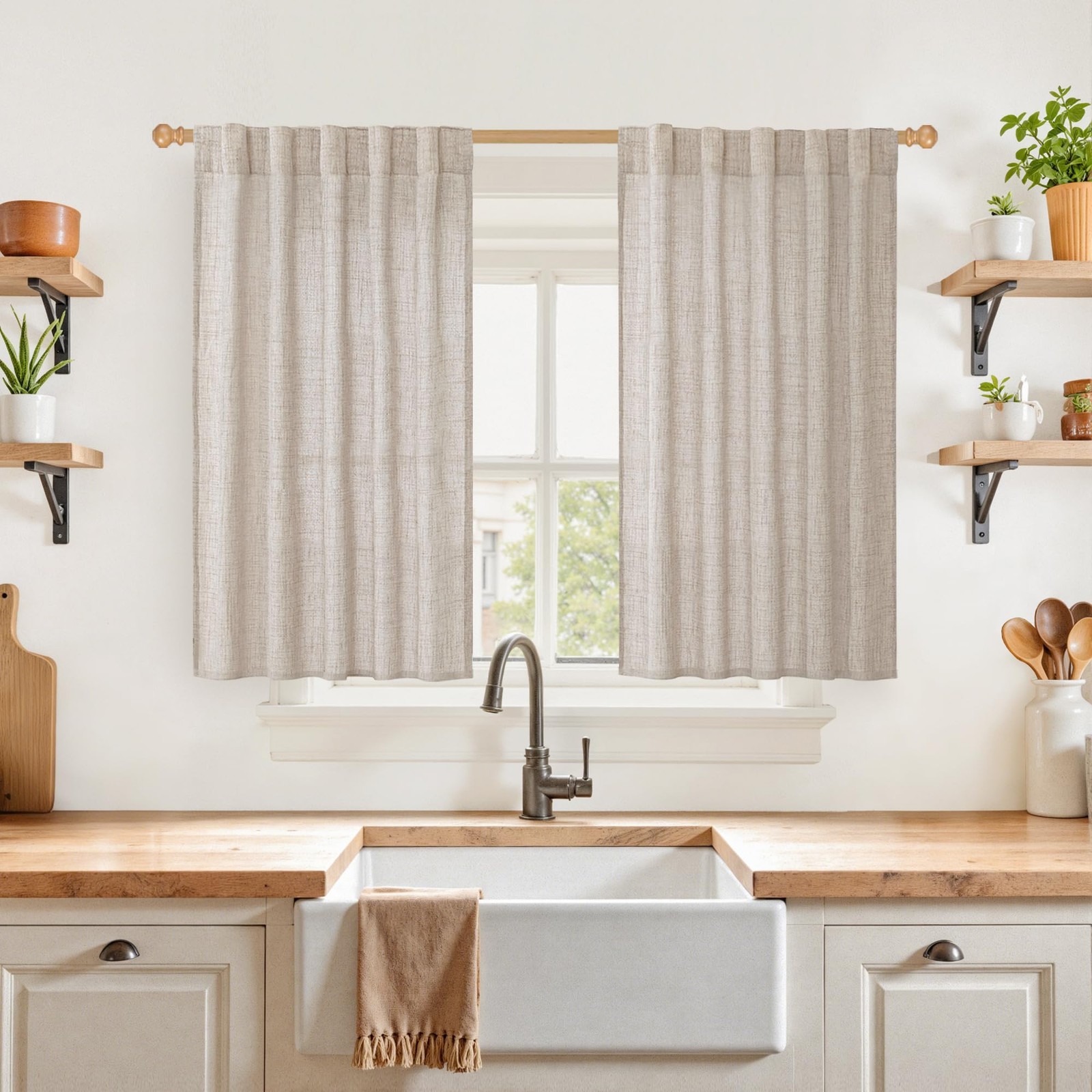 40 Inch Length Linen Curtains for Kitchen Cafe 42″W x 40″L (Pack of 2) Natura