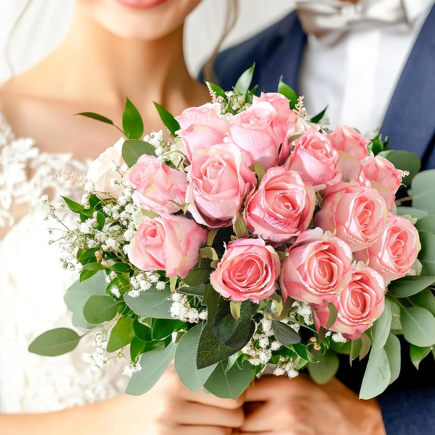 12Pcs Realistic Fake Light Pink Roses Faux Flowers with Long Stems, Artificial S
