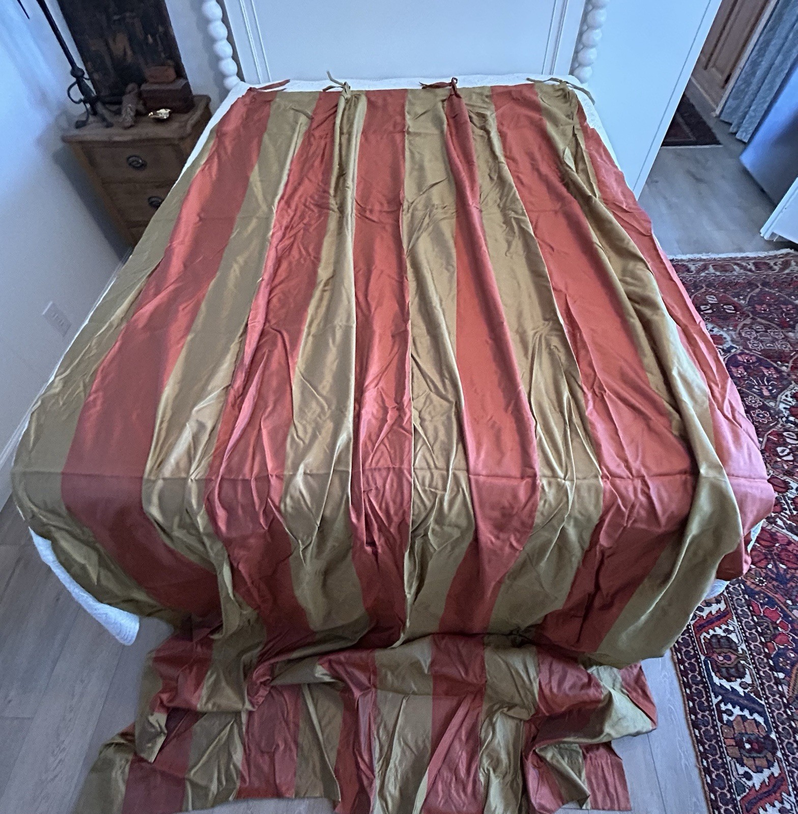 Custom Drapery Panels Pair 50×132 Silk?? Lovely Colors Stripes Pleated & Tie Tab