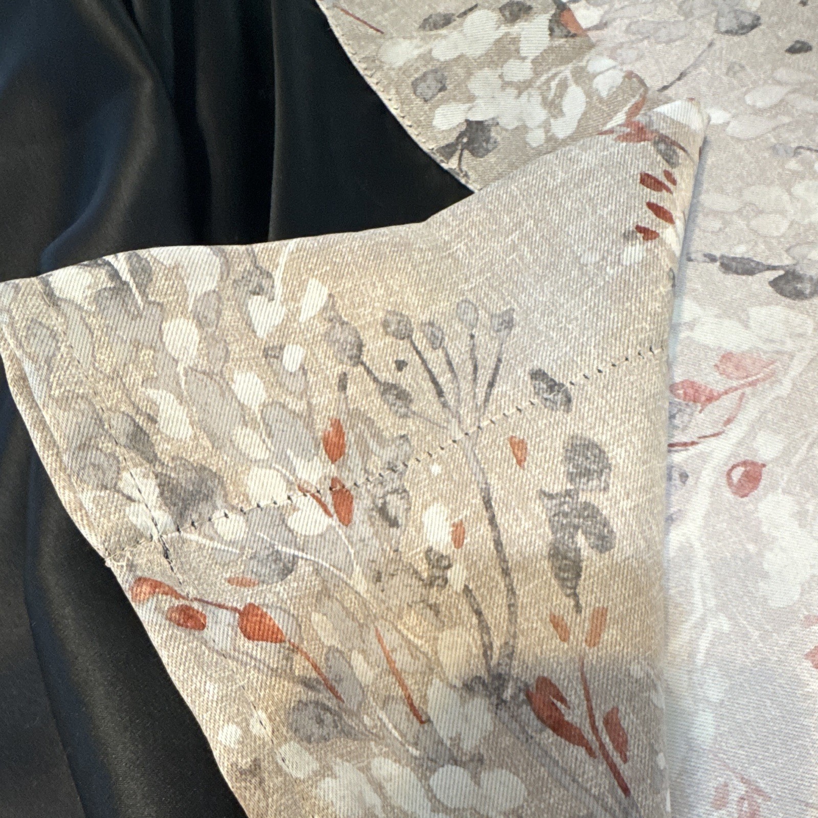 Beige Gray Brown White Floral Fabric Material Blackout Curtains – 8 panel set