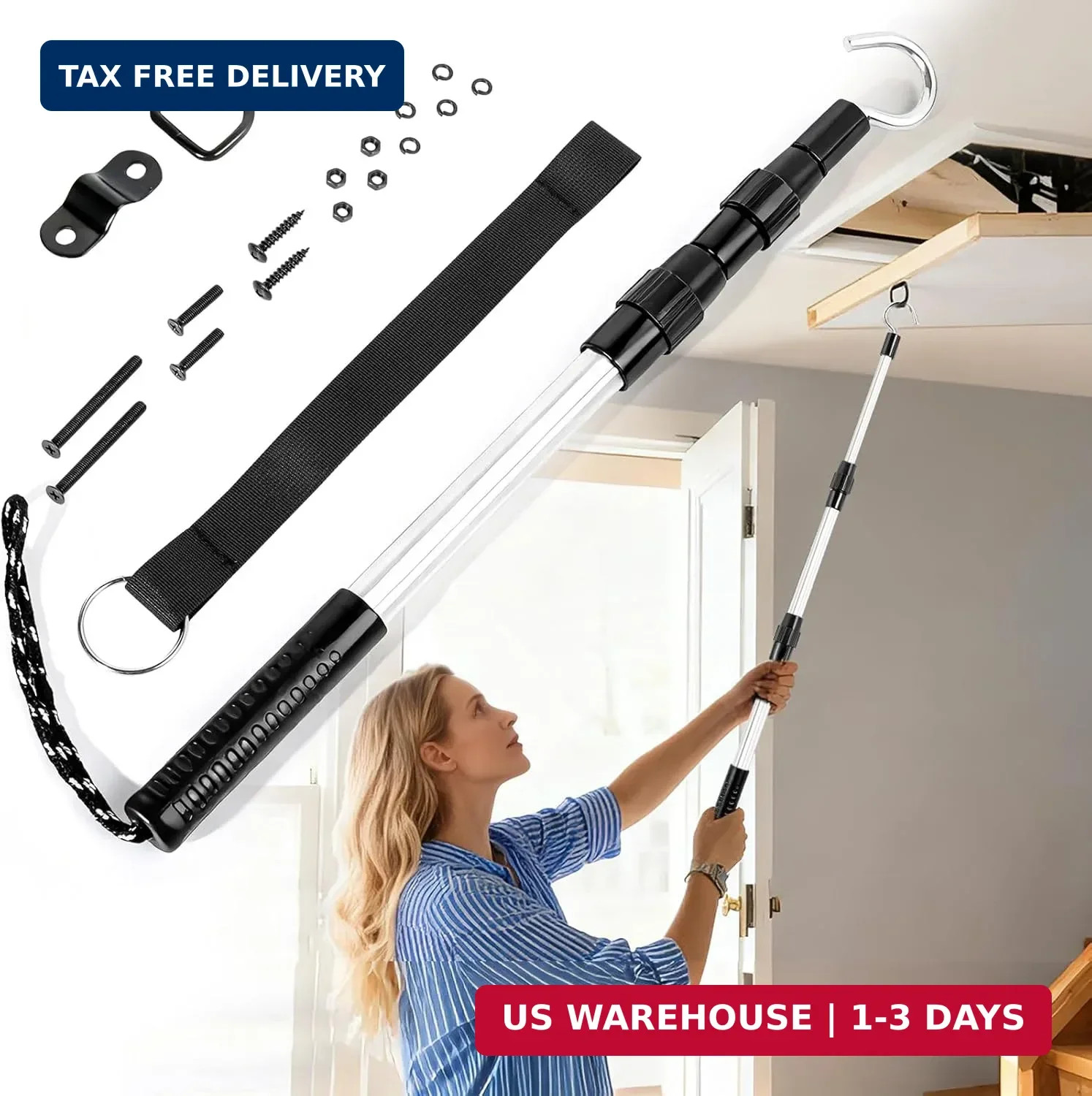 Huazu Attic Pull Down Hook, Extendable Attic Door Pull Rod up to 40″, D-Ring Lad