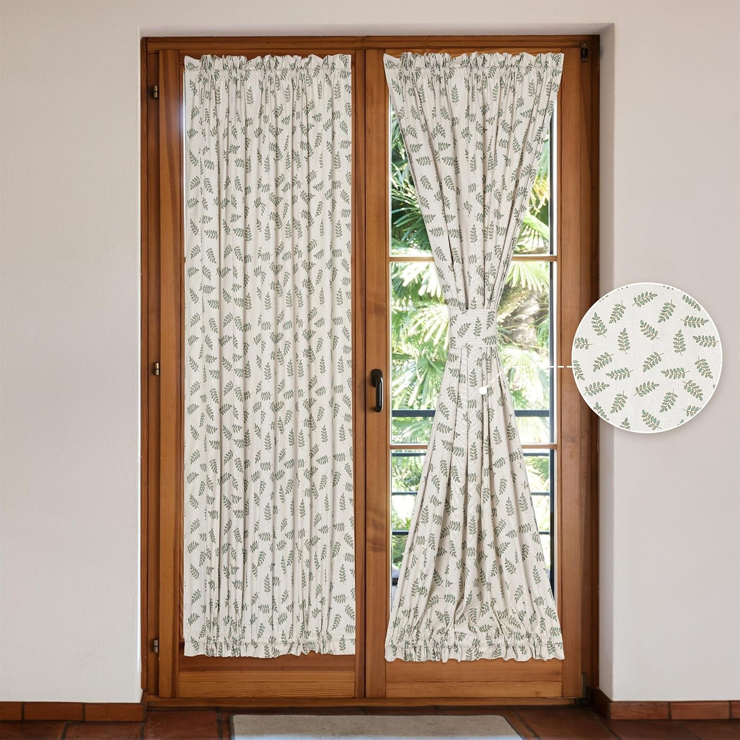 Olive Leaf Linen French Door Curtain Set 54″W x 72″L Country Style Window