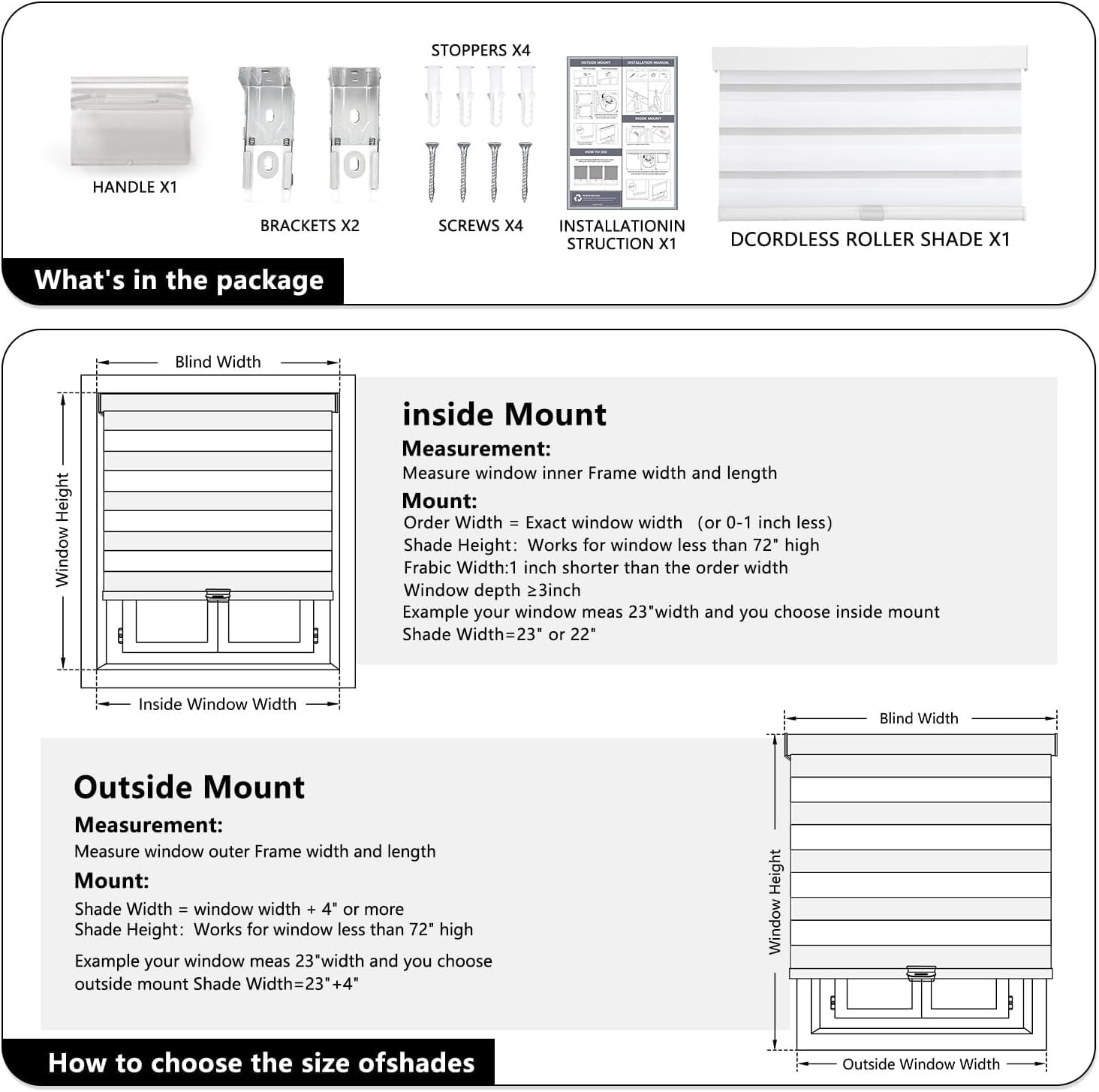 AOSKY Cordless Zebra Blinds for Windows Pull Down Roller Window (18″ W X 72″ H)