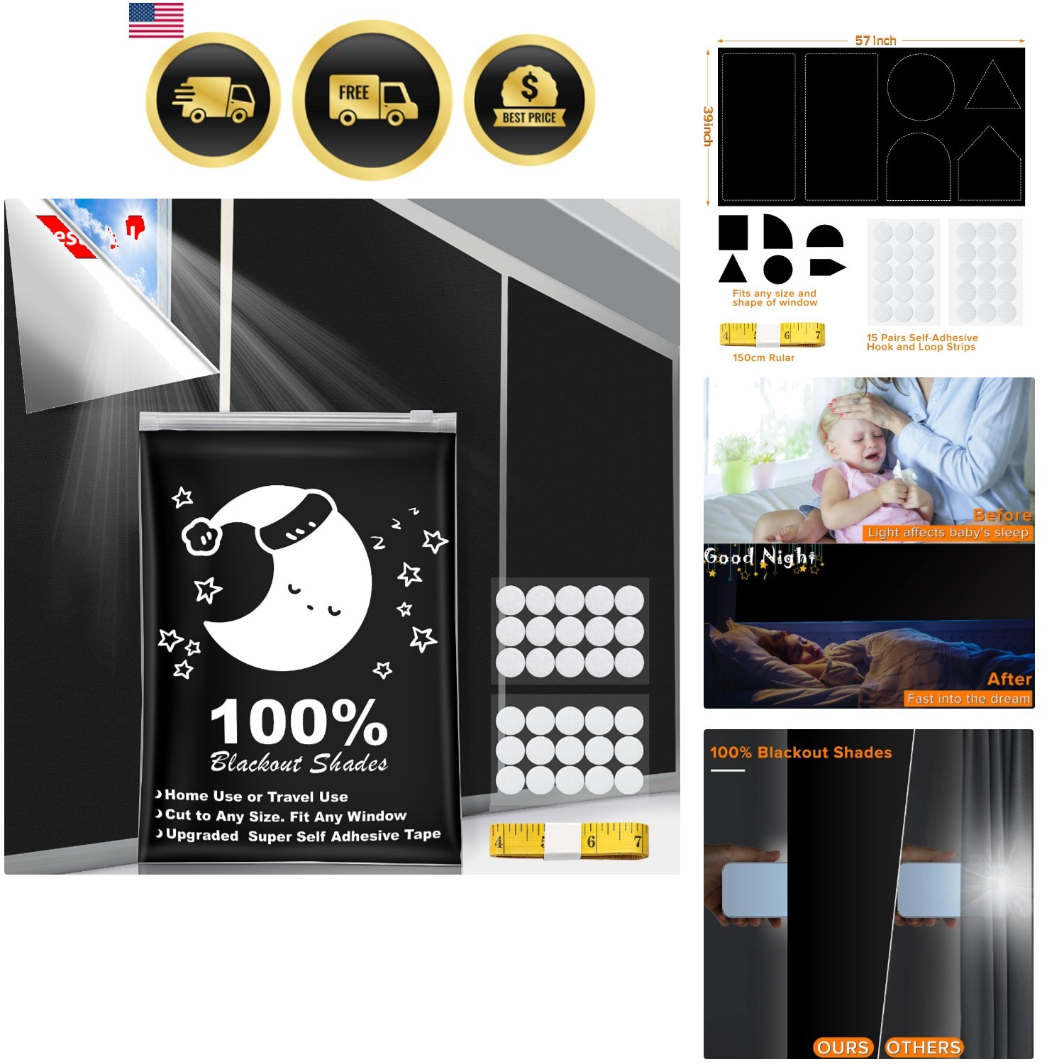 Portable Blackout Curtains, 40″ x 57″ Blackout Shades, 100% Portable Blackout…