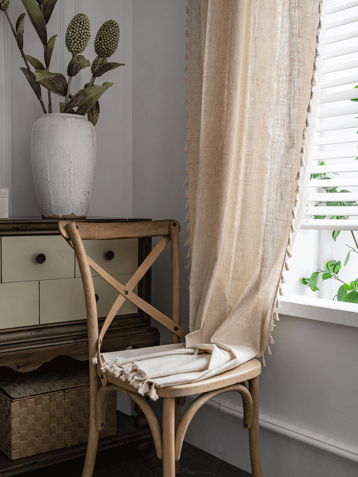 Boho Beige Curtains 94 In Long Bohemia Linen Curtains for Bedroom Living Room