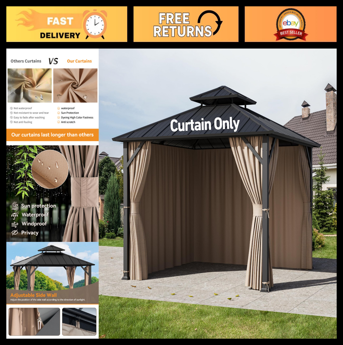 Universal 4-Panel Gazebo Curtain Replacement 8′ x 8′, Outdoor Privacy Sidewalls
