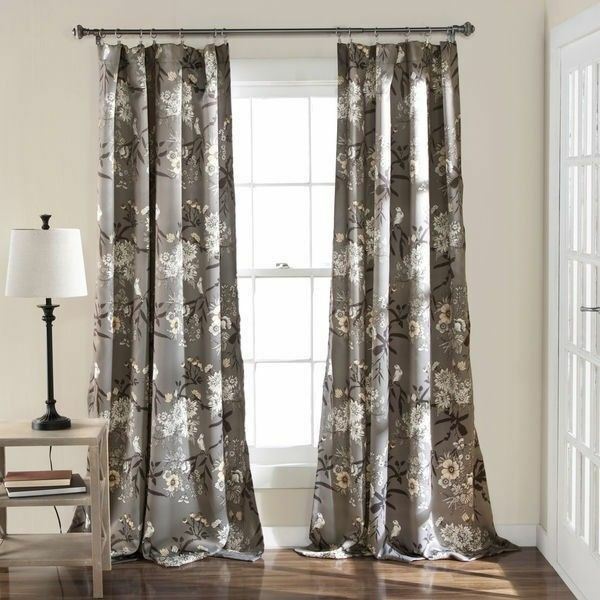 Set 2 Gray Grey Beige Floral Birds Curtains Panels Drapes 84 inch L Darkening