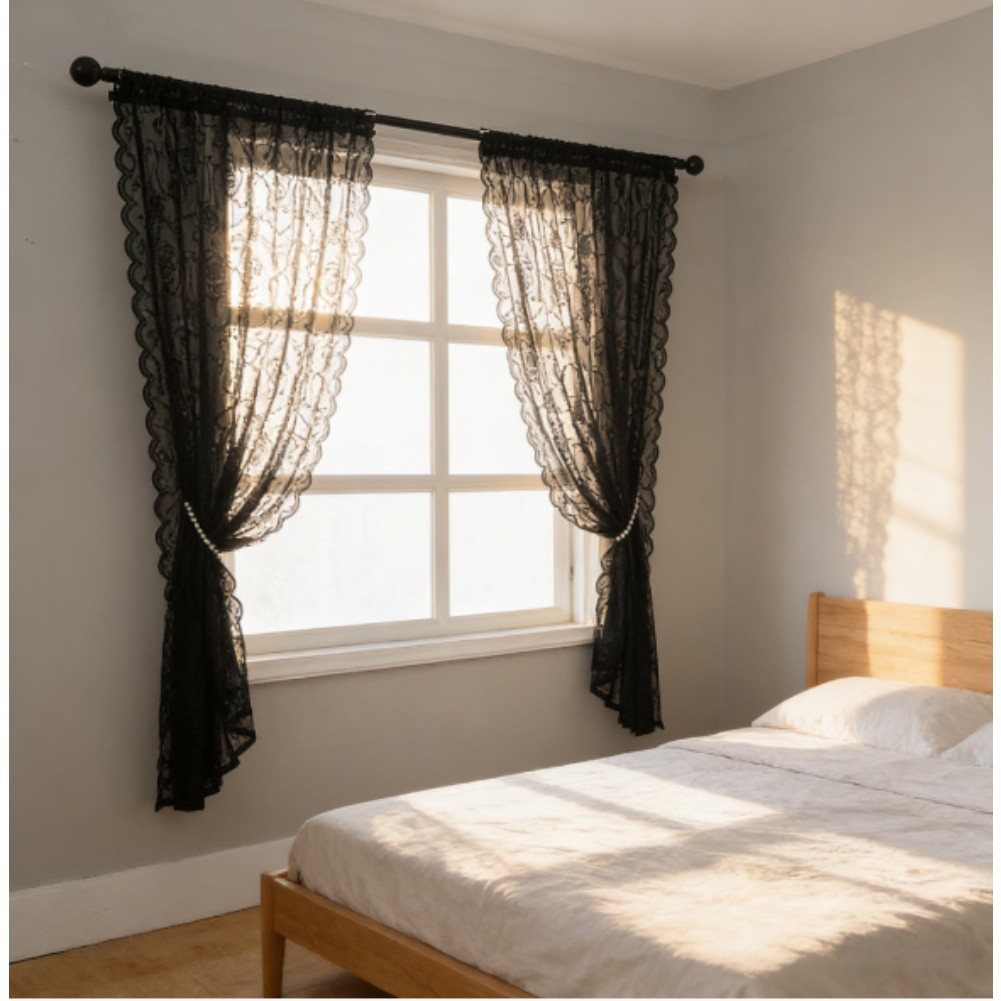 Black Sheer Lace Window Curtains Polyester Fabric European Vintage Style