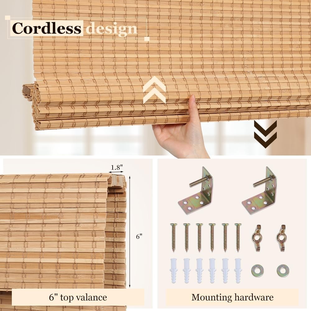 LUCKUP Cordless Bamboo Roman Blinds 28″x64″ Blackout Room Darkening Window Shade