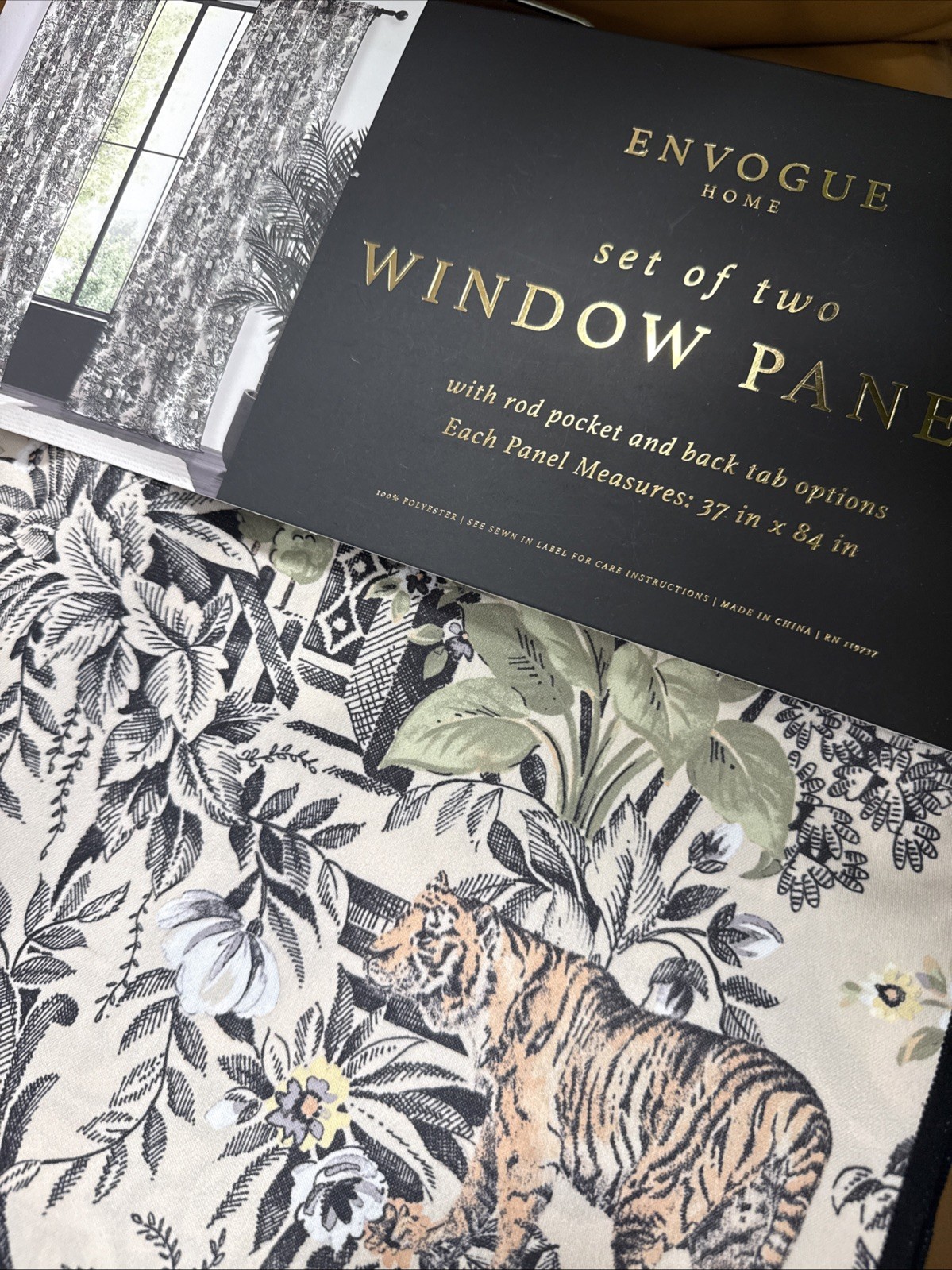 (2) EnVogue Jungle Asian Tiger Bird Back Tab Window Panels 84” New~