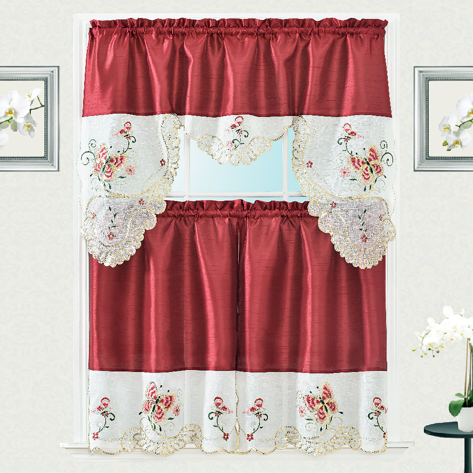 Butterfly Sequins Embroidery Kitchen Curtain with Swag and Tier Set 36 in