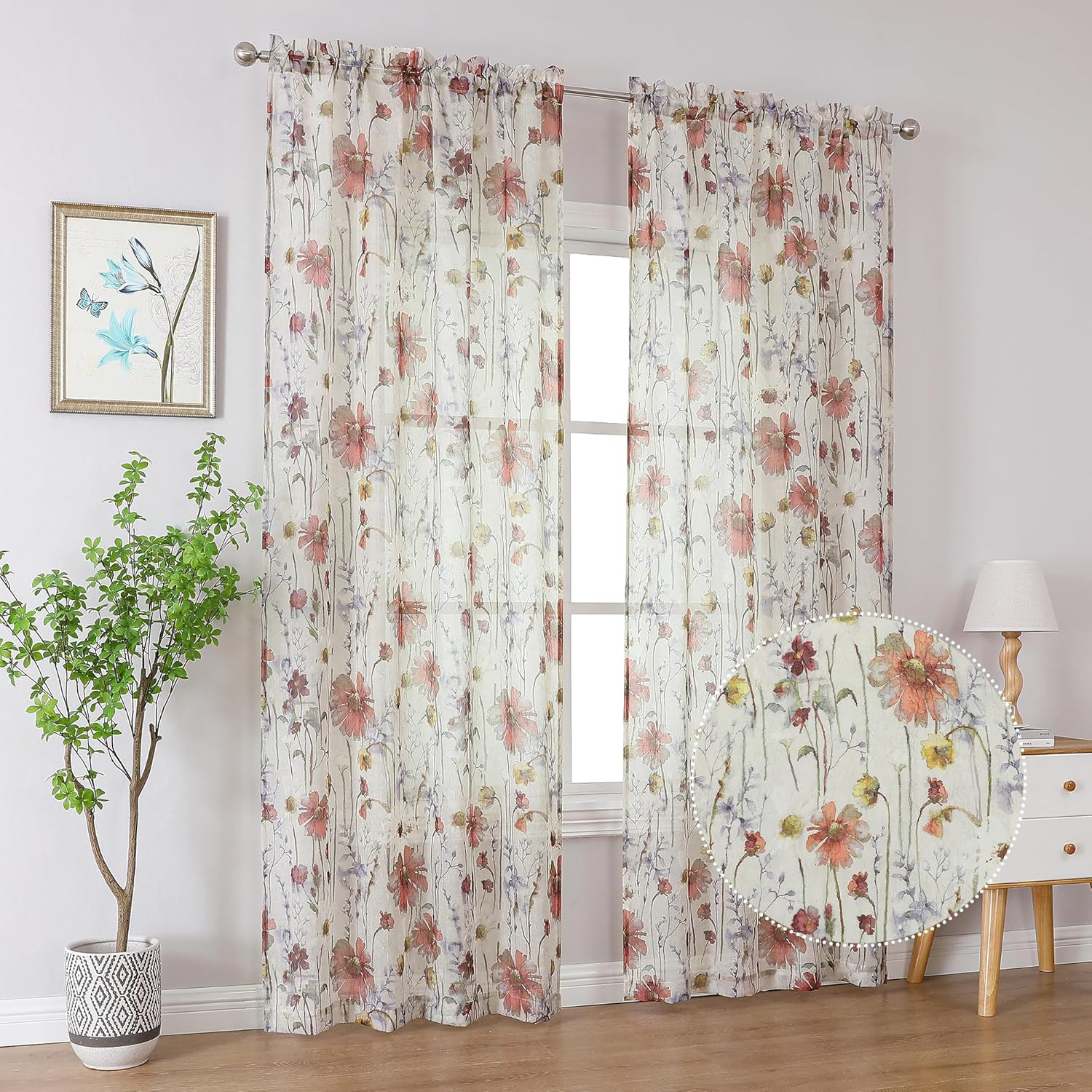 Crushed Semi Sheer Curtains 84 Inches Length 2 Panels Floral Pattern Design .