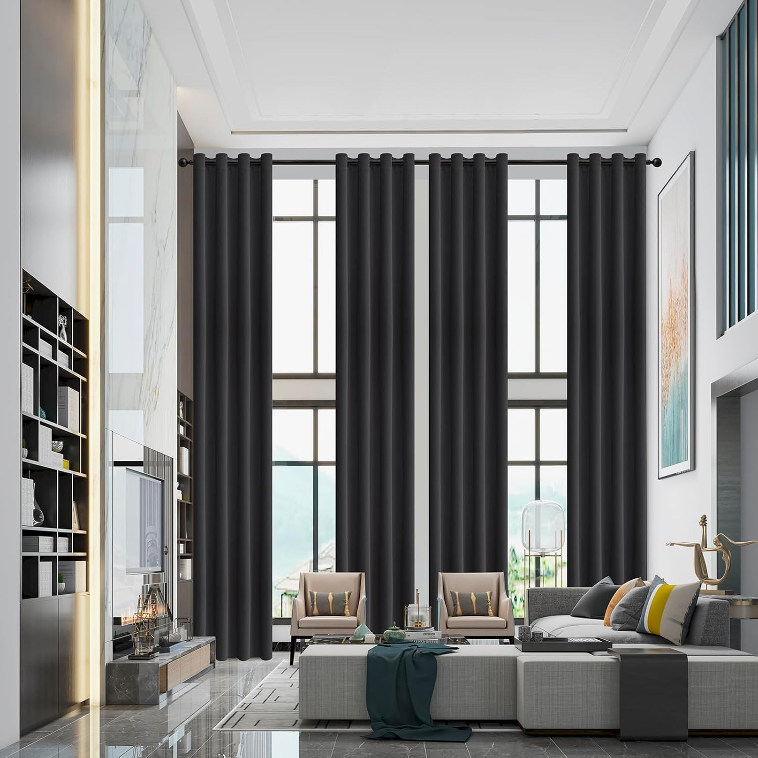 Extra Long 168″ Blackout Curtains for High Ceilings & Tall Windows – Black