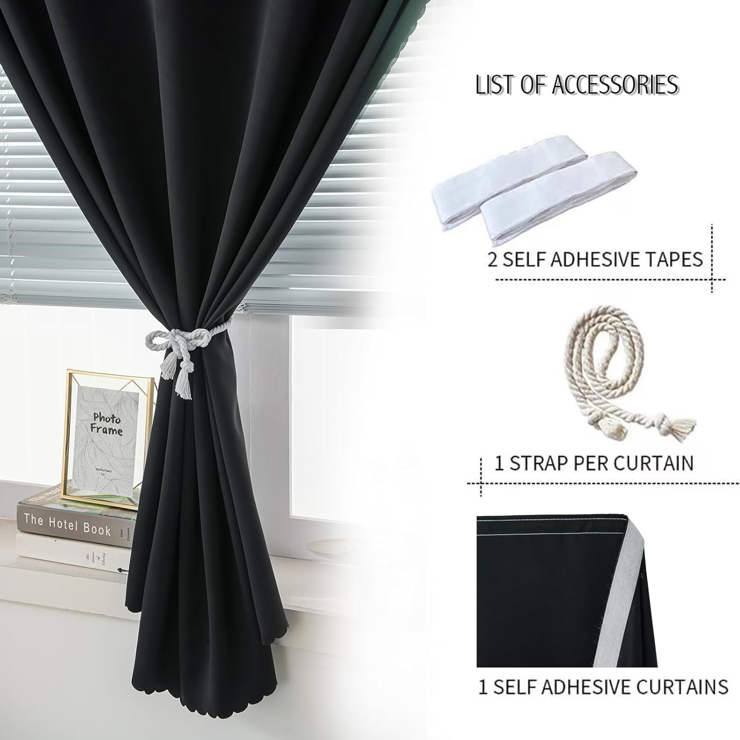 Self Stick Blackout Curtains 35×59″ Black 1 Panel No Rod Bedroom Living Room
