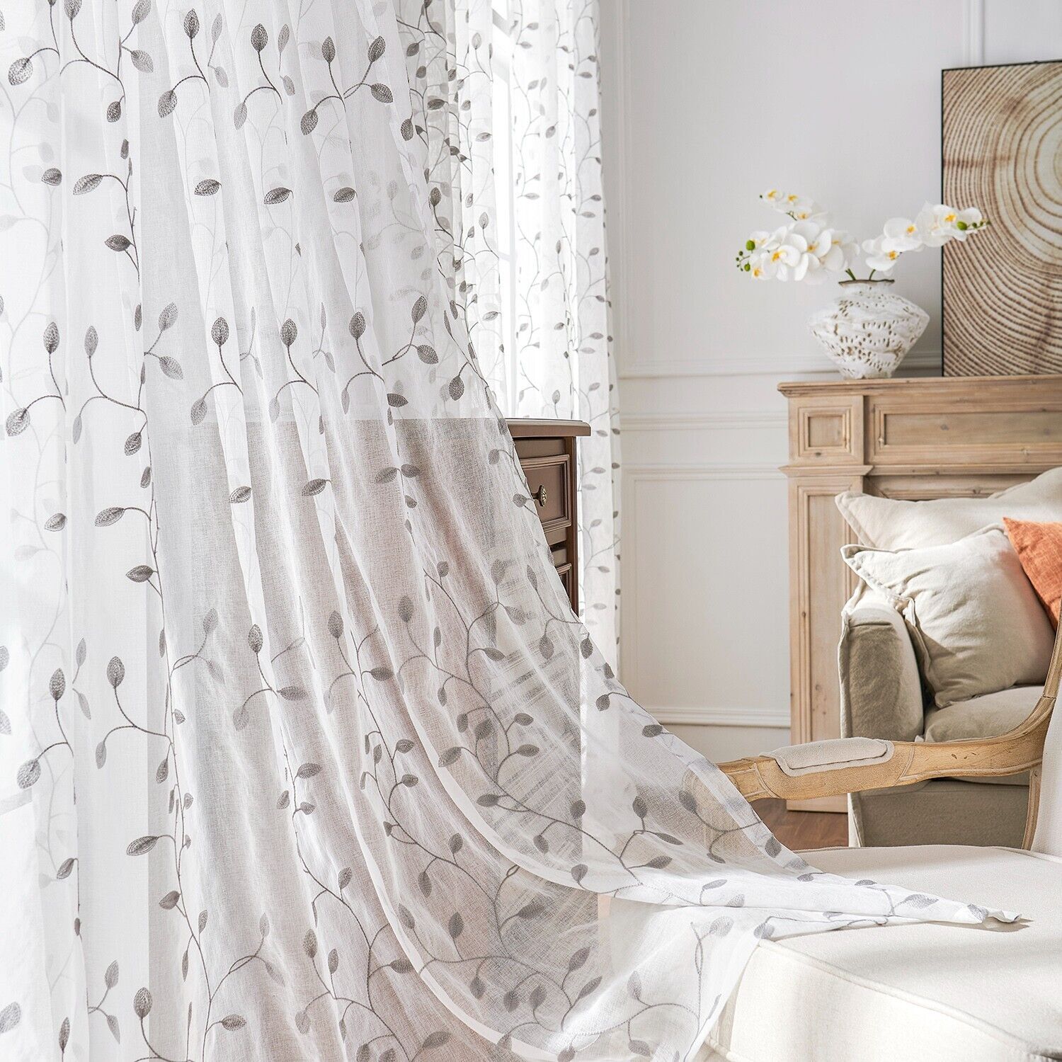 2 Panels Embroidered Leaves Semi Sheer Voile Window Curtains Drapes Living Room