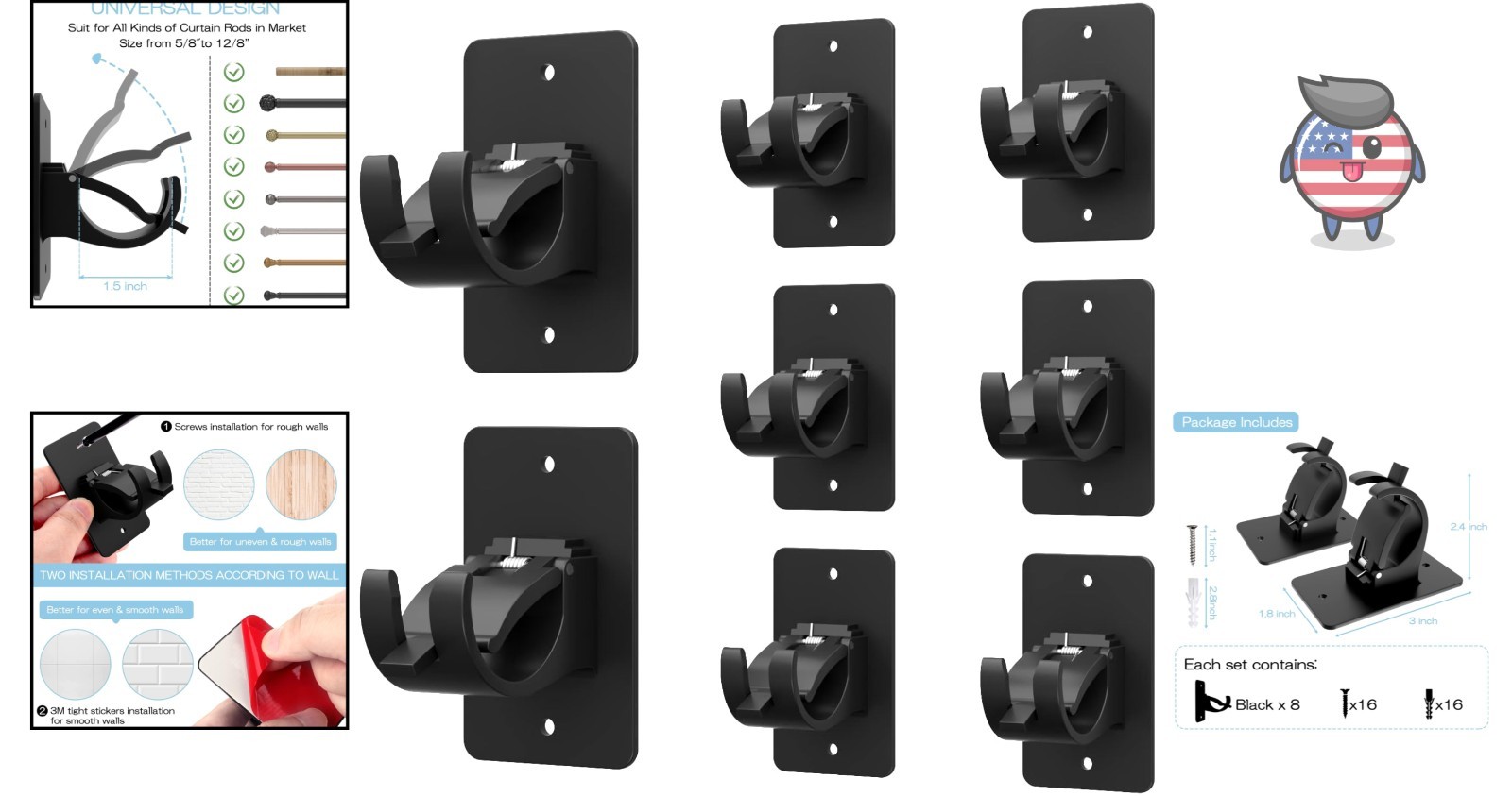 Versatile 8 Count Universal Curtain Rod Holders – Easy No Drill Installation