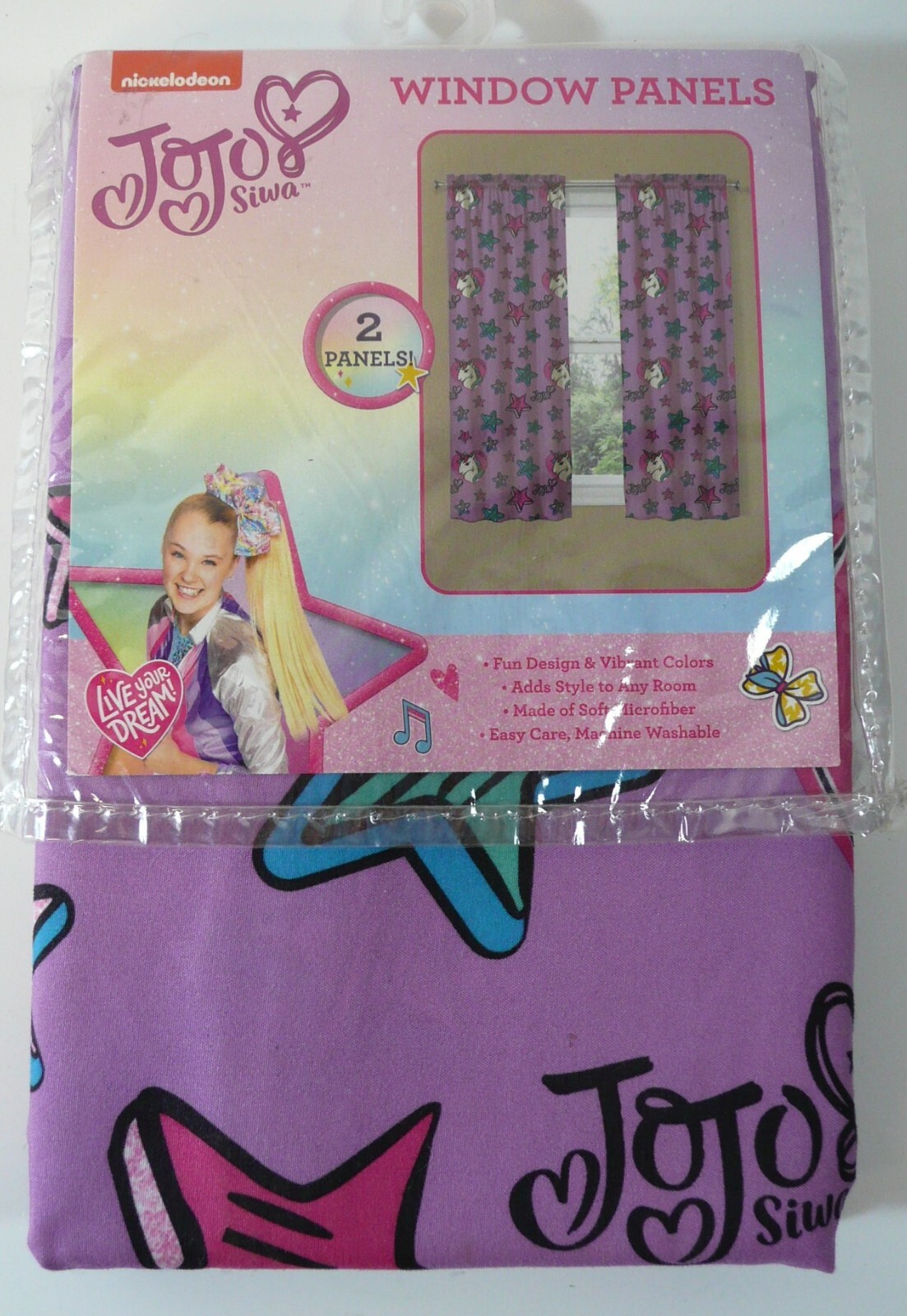 Nickelodeon JoJo Siwa Kids Microfiber Window Drapes Purple Unicorn Stars 82 x 63