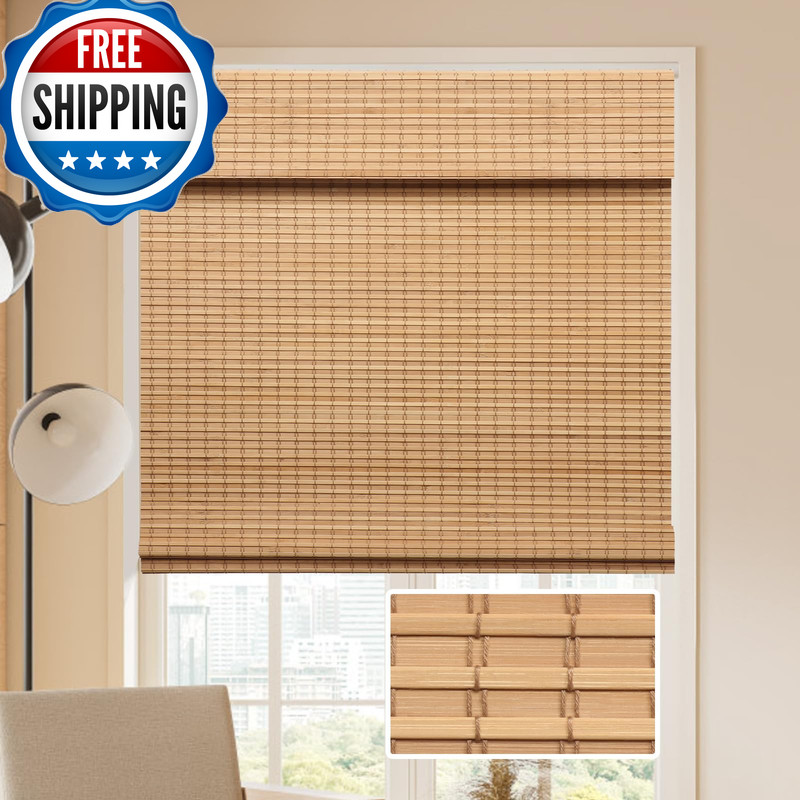 Luckup Cordless Bamboo Roman Blinds Shades For Indoor Windows-Blackout Room